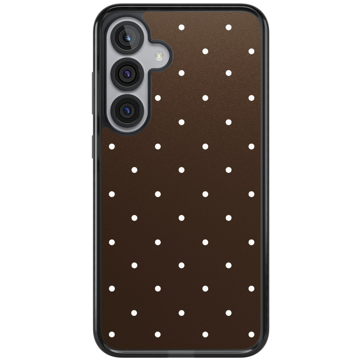 Espresso Dots minimalist iPhone case featuring white polka dots on a rich chocolate brown background Samsung S25 Plus / Samsung S26 / Samsung S26 Plus Impact Black Phone Case front