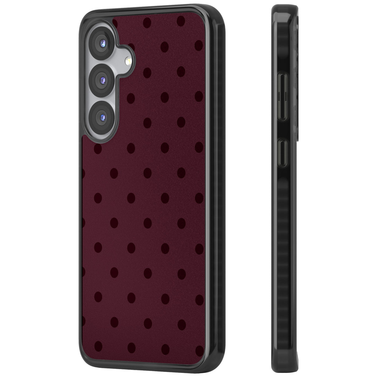 Burgundy Polka Dot minimalist iPhone case featuring black polka dots on a deep burgundy wine red background Samsung S25 / Samsung S25 Plus / Samsung S26 / Samsung S26 Plus Impact Black Phone Case side
