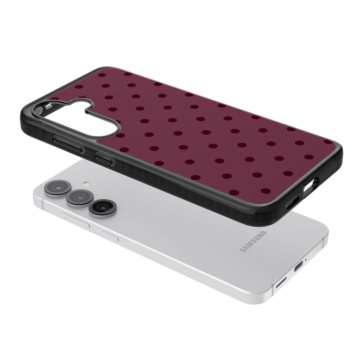 Burgundy Polka Dot minimalist iPhone case featuring black polka dots on a deep burgundy wine red background Samsung S25 / Samsung S25 Plus / Samsung S26 / Samsung S26 Plus Impact Black Phone Case angled