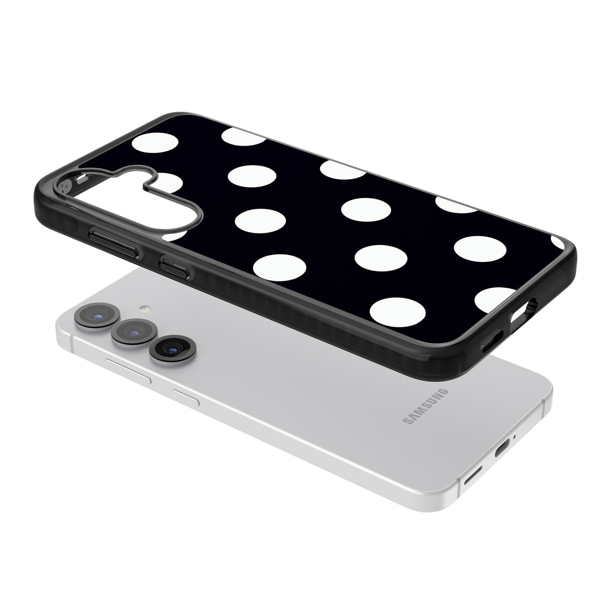 Chic Black Polka Dot Samsung S25 / Samsung S25 Plus / Samsung S26 / Samsung S26 Plus Impact Black Phone Case angled