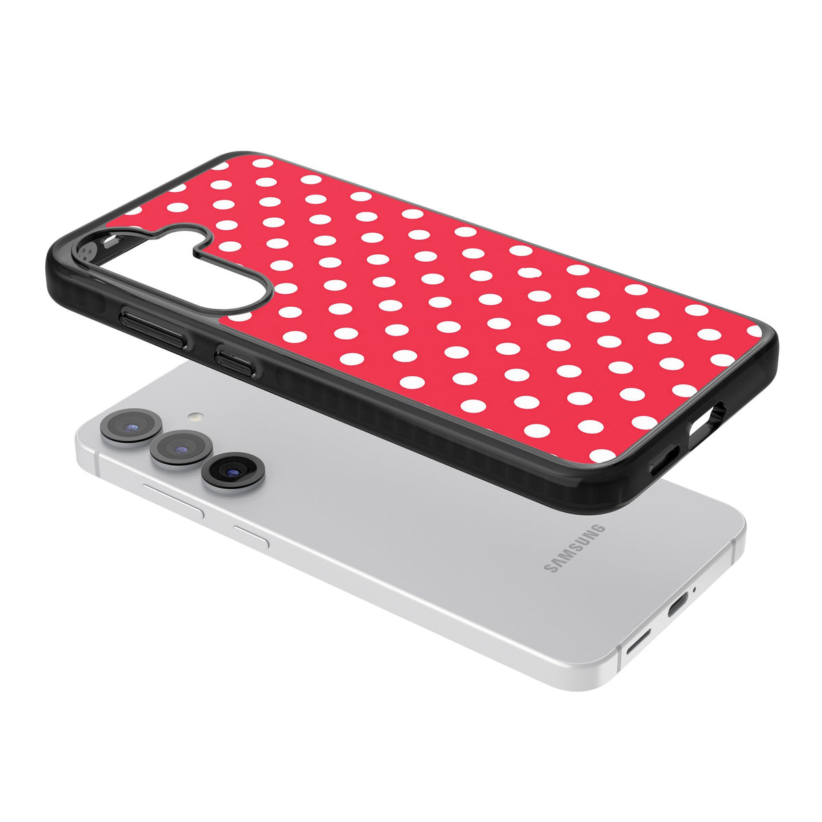 Red Polka Dot Samsung S25 / Samsung S25 Plus / Samsung S26 / Samsung S26 Plus Impact Black Phone Case angled