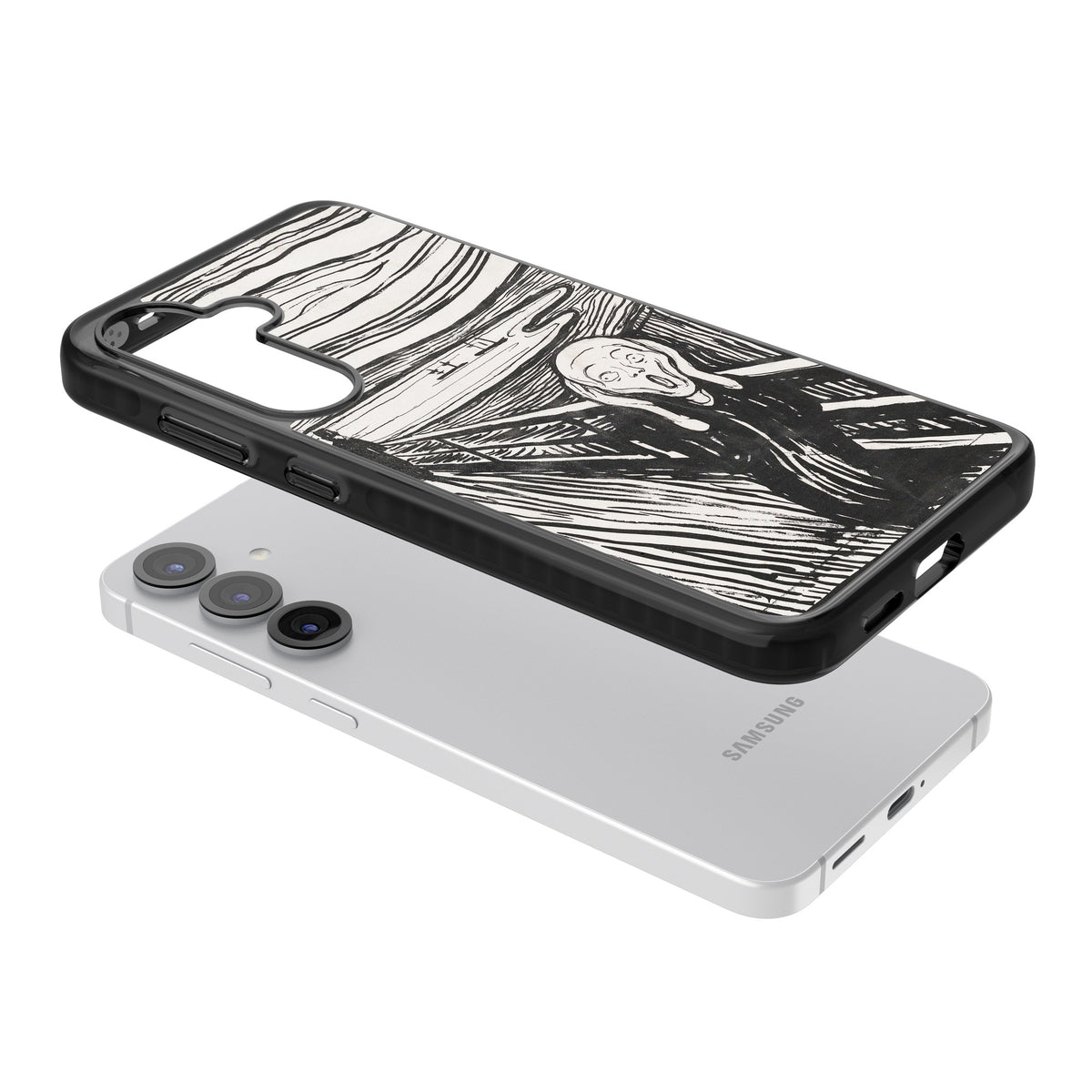 The Scream (Black & White) Samsung S25 / Samsung S25 Plus / Samsung S26 / Samsung S26 Plus Impact Black Phone Case angled