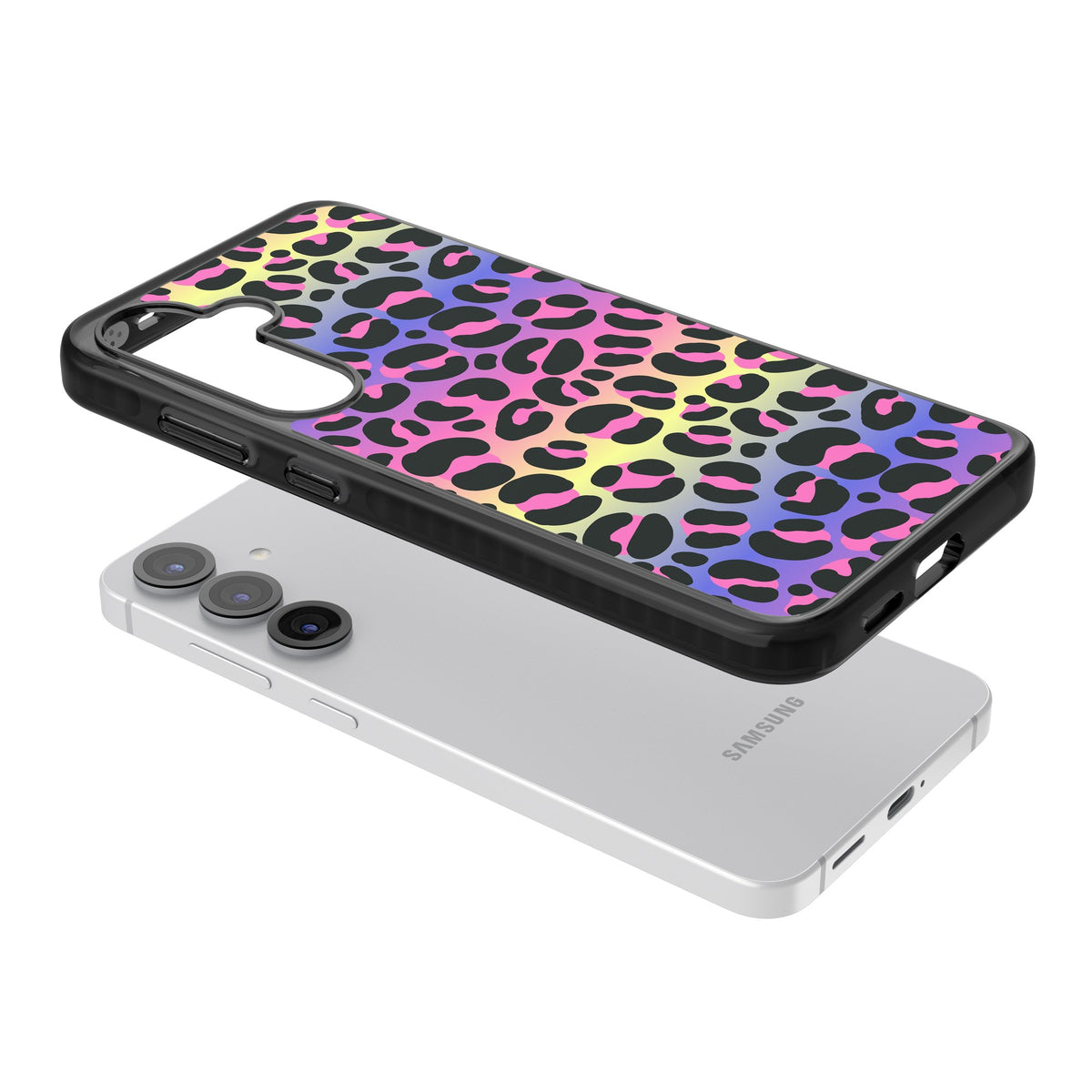 Rainbow Gradient Leopard Samsung S25 / Samsung S25 Plus / Samsung S26 / Samsung S26 Plus Impact Black Phone Case angled