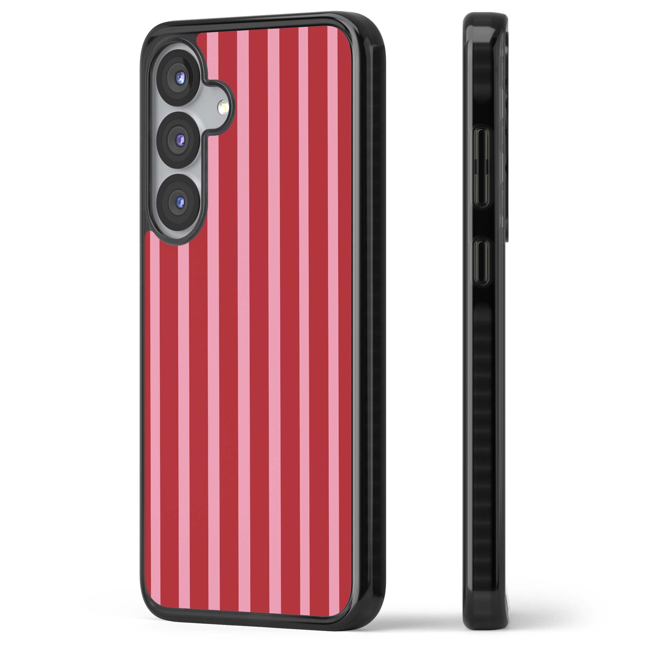 Raspberry Stripe coquette iPhone case featuring red and pink vertical stripes in a candy-inspired pattern | Black Impact case for Samsung Galaxy S25, Samsung Galaxy S25 Plus