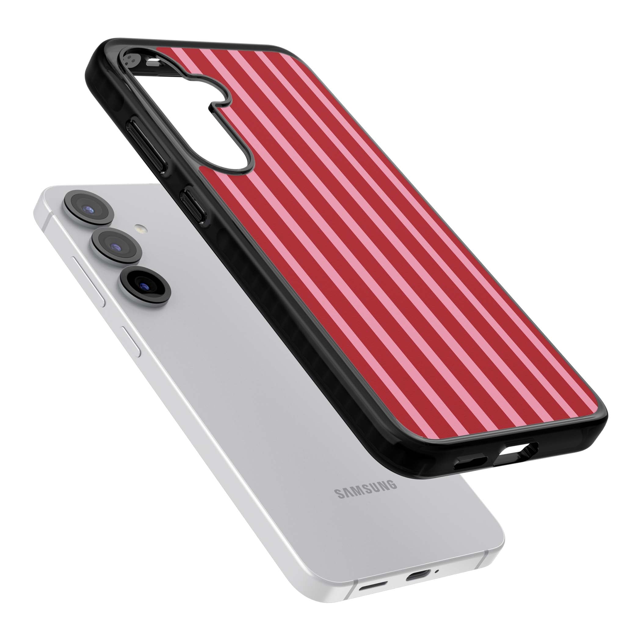 Raspberry Stripe coquette iPhone case featuring red and pink vertical stripes in a candy-inspired pattern | Black Impact case for Samsung Galaxy S25, Samsung Galaxy S25 Plus