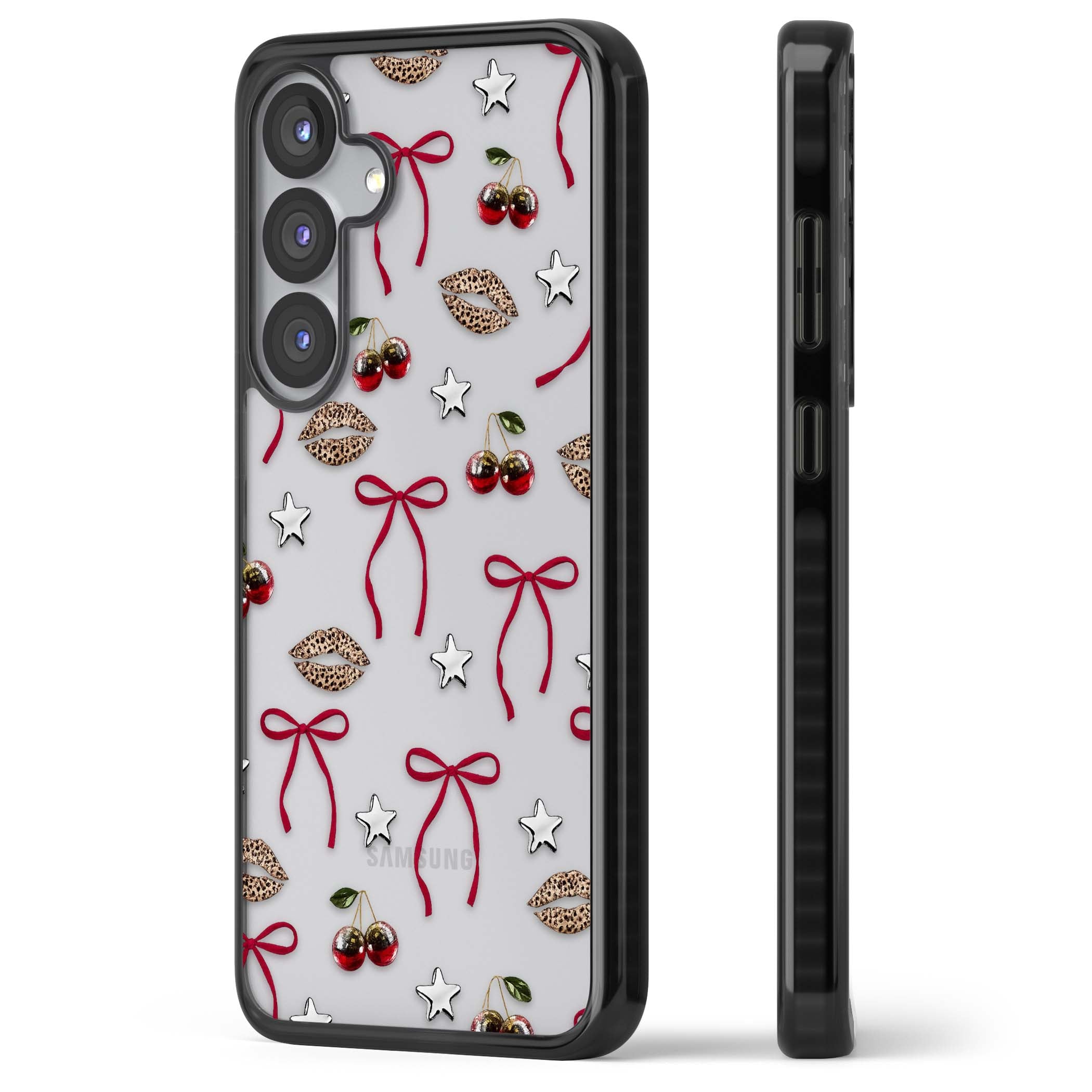 Starlet coquette iPhone case featuring red ribbon bows, disco cherries and leopard-print lips | Black Impact case for Samsung Galaxy S25, Samsung Galaxy S25 Plus