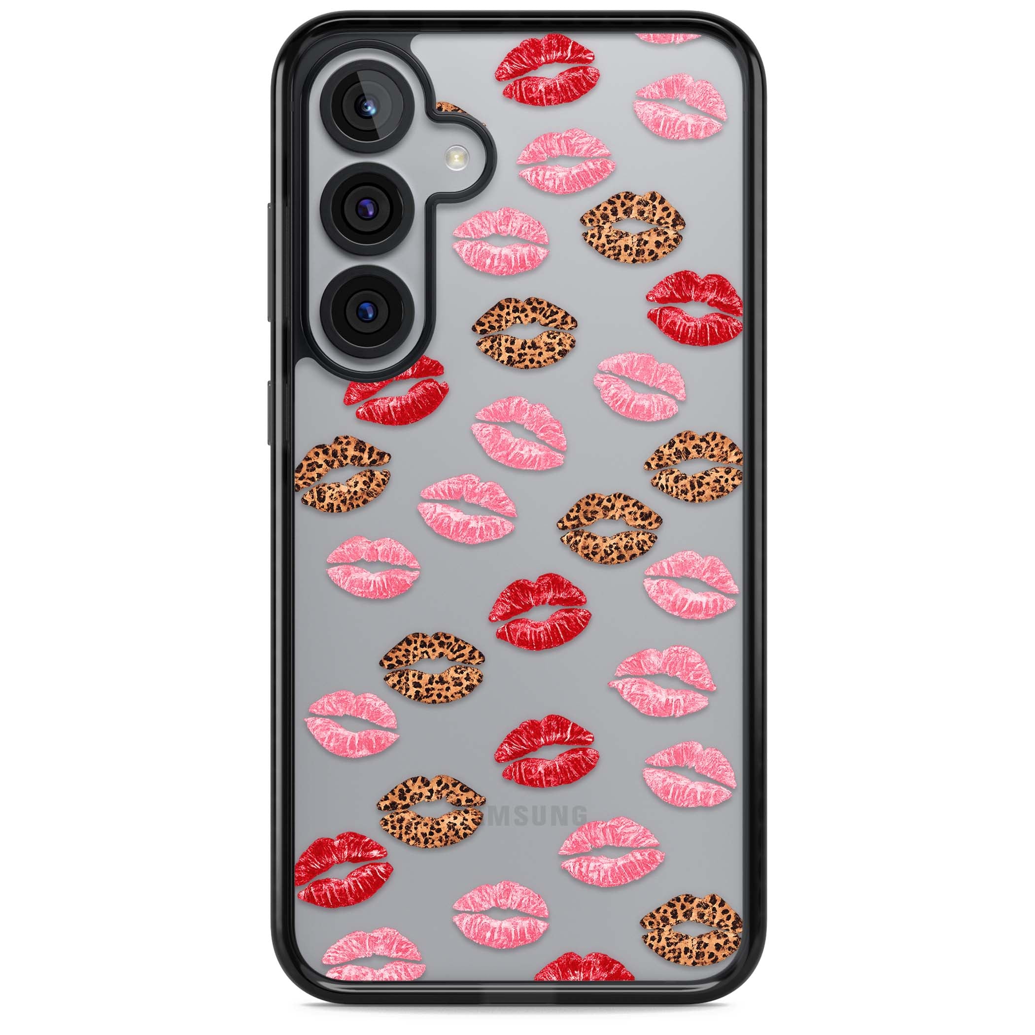 Wild Kisses coquette iPhone case featuring red, pink and leopard print lipstick kiss marks on a clear background | Black Impact case for Samsung Galaxy S25, Samsung Galaxy S25 Plus