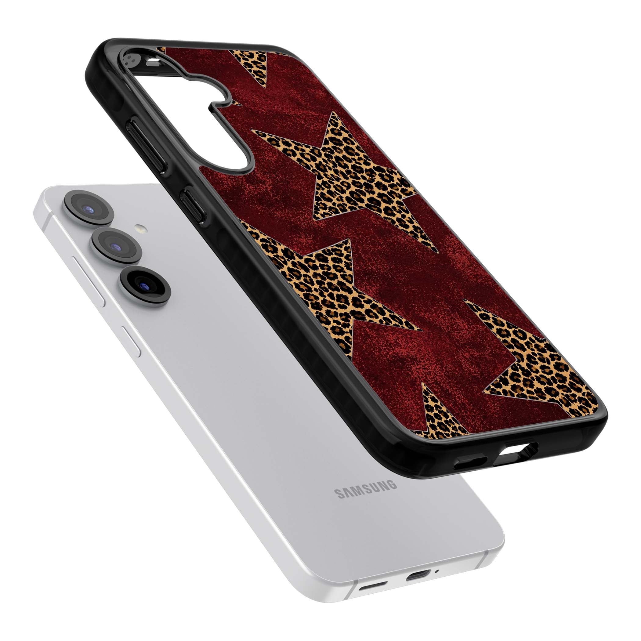 Showgirl leopard print iPhone case featuring cheetah print stars on distressed red grunge background | Black Impact case for Samsung Galaxy S25, Samsung Galaxy S25 Plus
