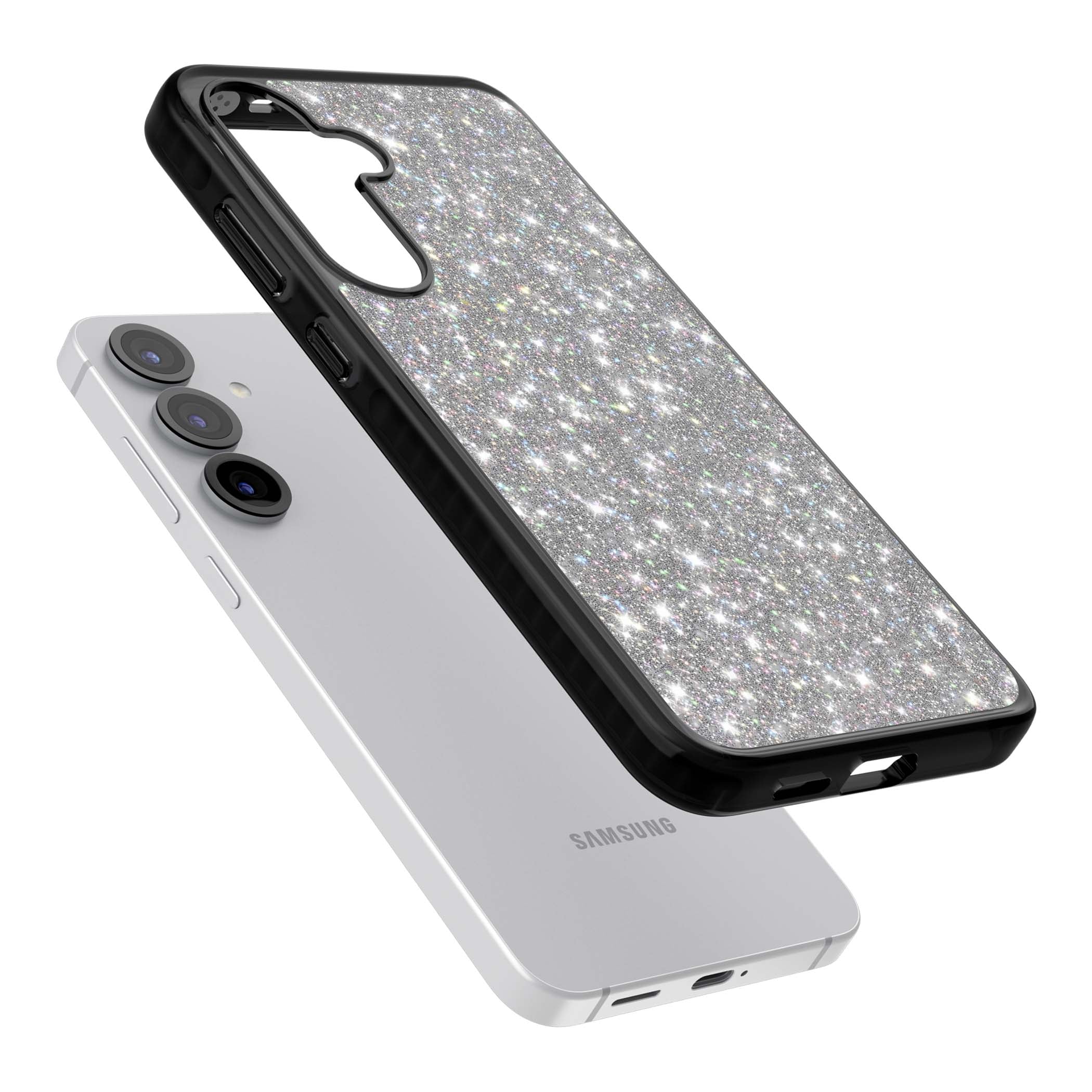 Diamond glam iPhone case featuring silver glitter sparkle and shimmering diamond dust effect | Black Impact case for Samsung Galaxy S25, Samsung Galaxy S25 Plus