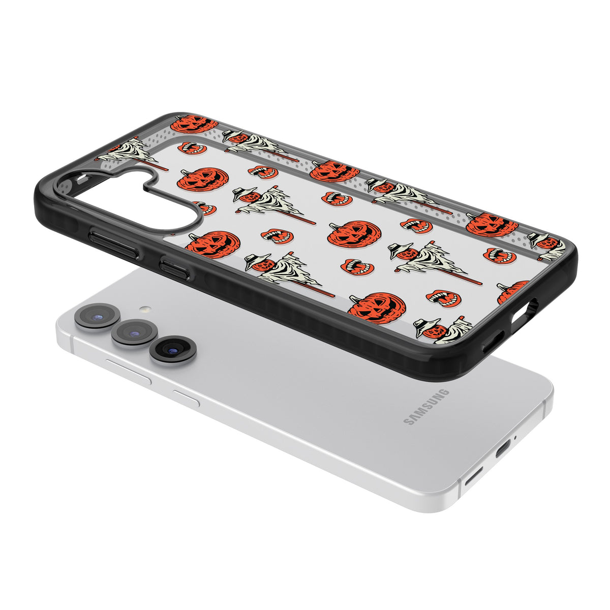 Retro Red Pumpkins & Scarecrows Samsung S25 / Samsung S25 Plus / Samsung S26 / Samsung S26 Plus Impact Black Phone Case angled