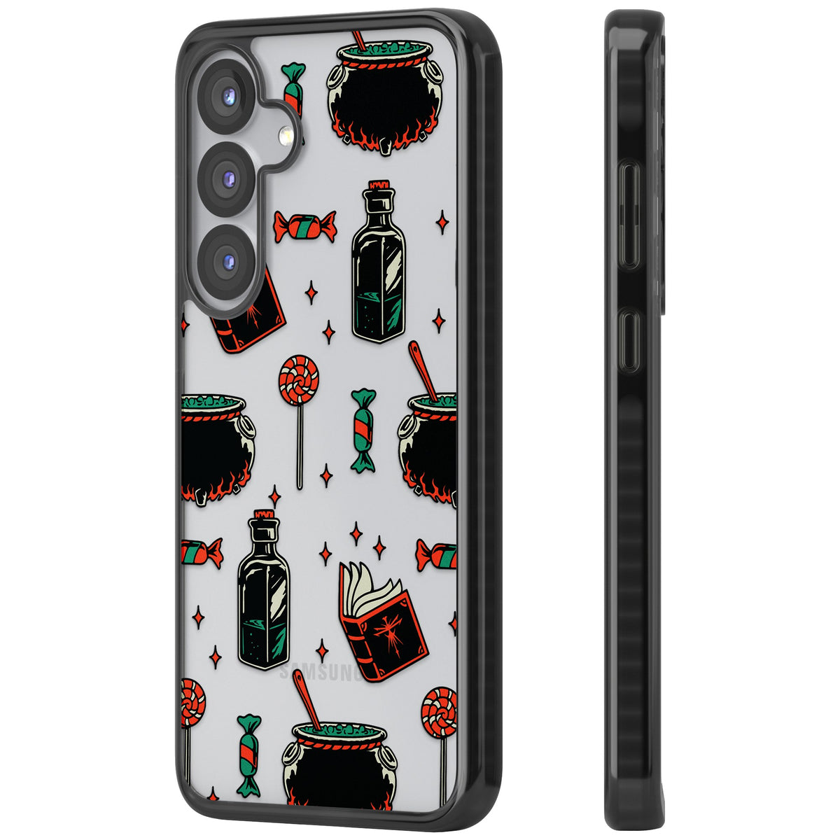 Witch’s Brew & Candy Spell Pattern Samsung S25 / Samsung S25 Plus / Samsung S26 / Samsung S26 Plus Impact Black Phone Case side