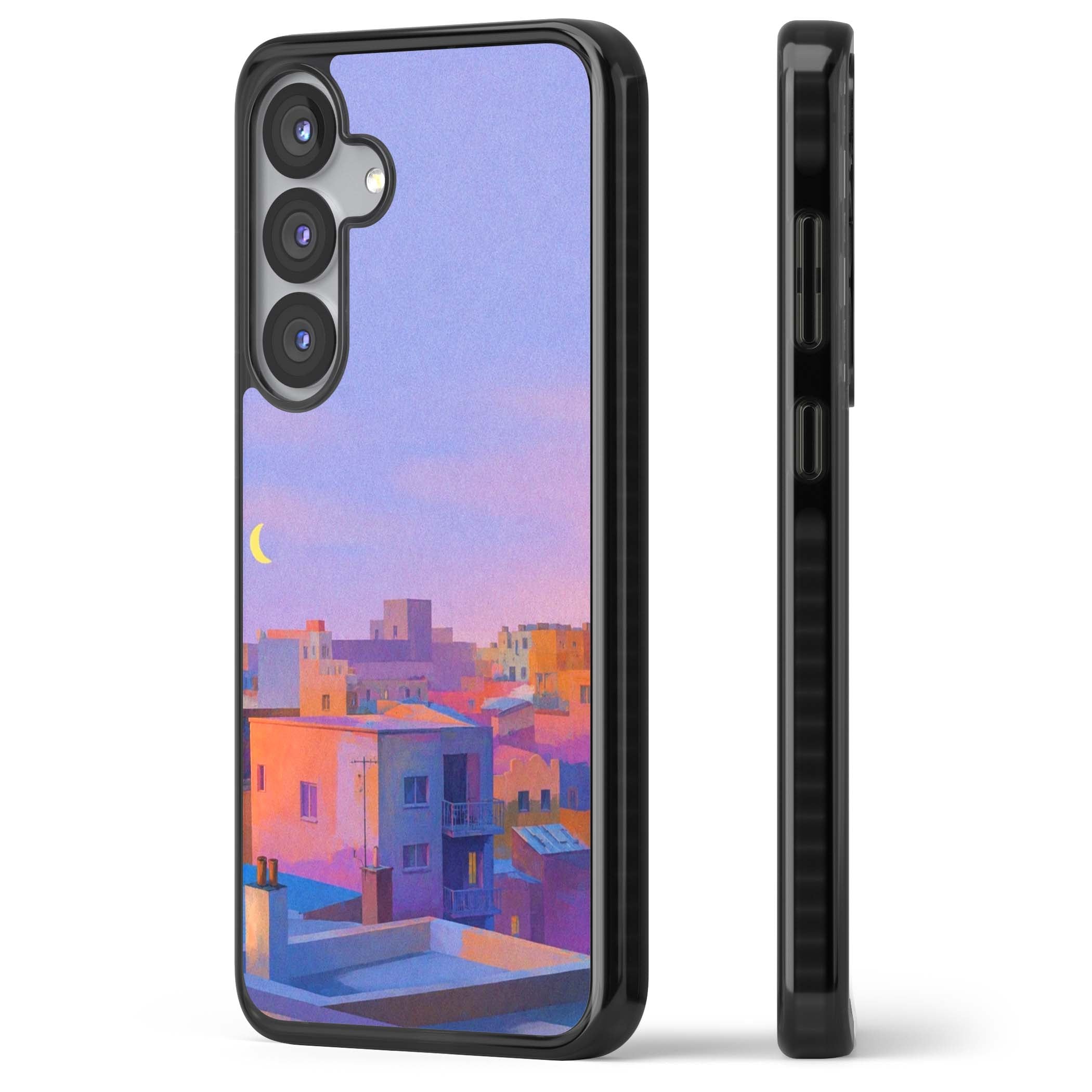 Twilight Rooftops vaporwave iPhone case featuring a pastel sunset cityscape, painted rooftops and a crescent moon. | Black Impact case for Samsung Galaxy S25, Samsung Galaxy S25 Plus