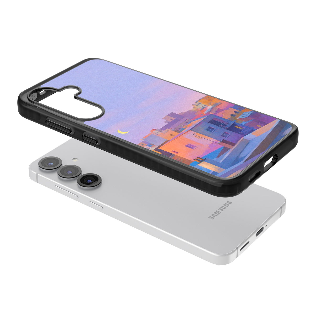 Twilight Rooftops Samsung S25 / Samsung S25 Plus / Samsung S26 / Samsung S26 Plus Impact Black Phone Case angled