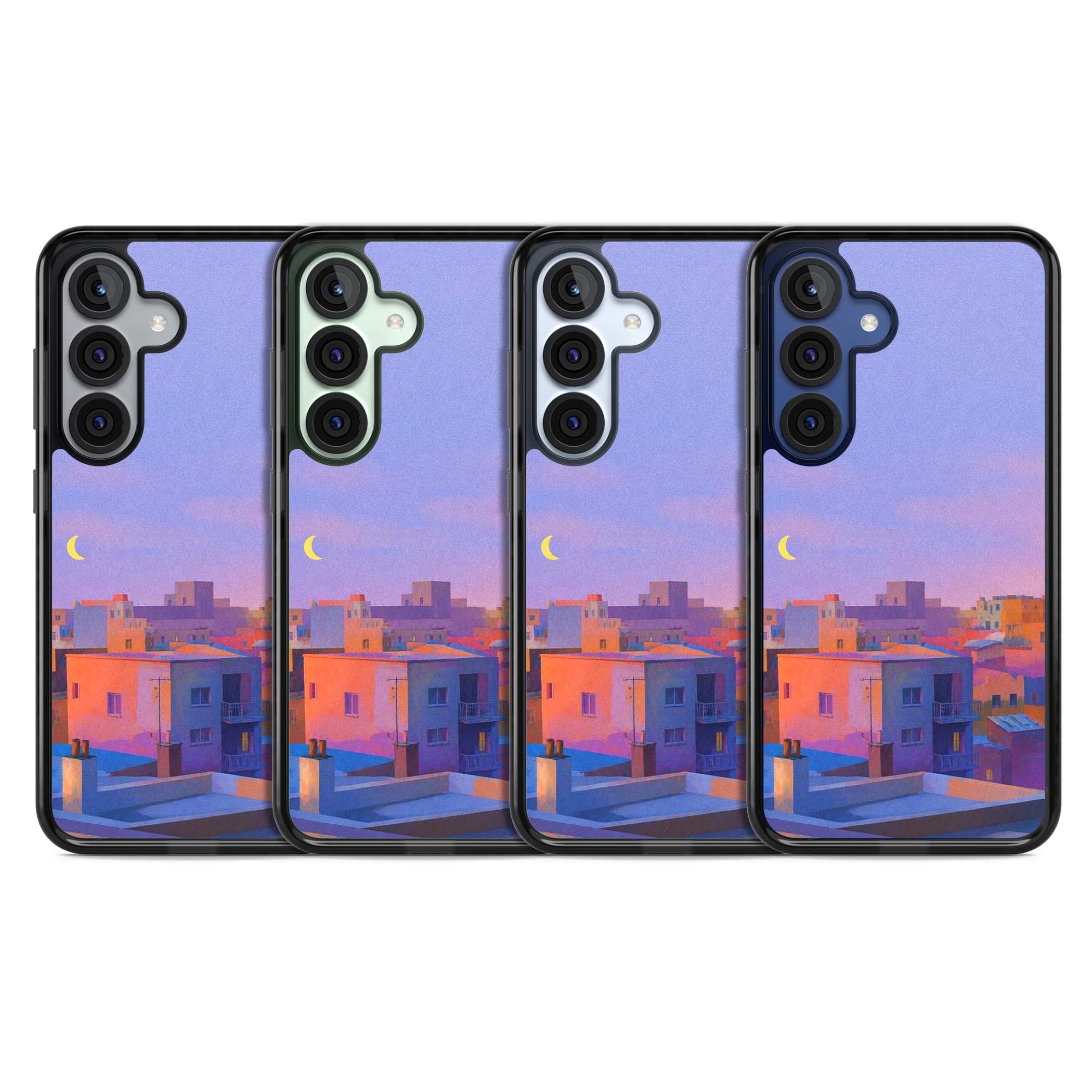 Twilight Rooftops vaporwave iPhone case featuring a pastel sunset cityscape, painted rooftops and a crescent moon. | Black Impact case for Samsung Galaxy S25, Samsung Galaxy S25 Plus