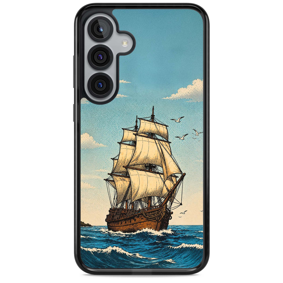 Ship at Sea nautical iPhone case featuring a vintage tall ship, ocean waves and seagulls | Black Impact case for Samsung Galaxy S25, Samsung Galaxy S25 Plus
