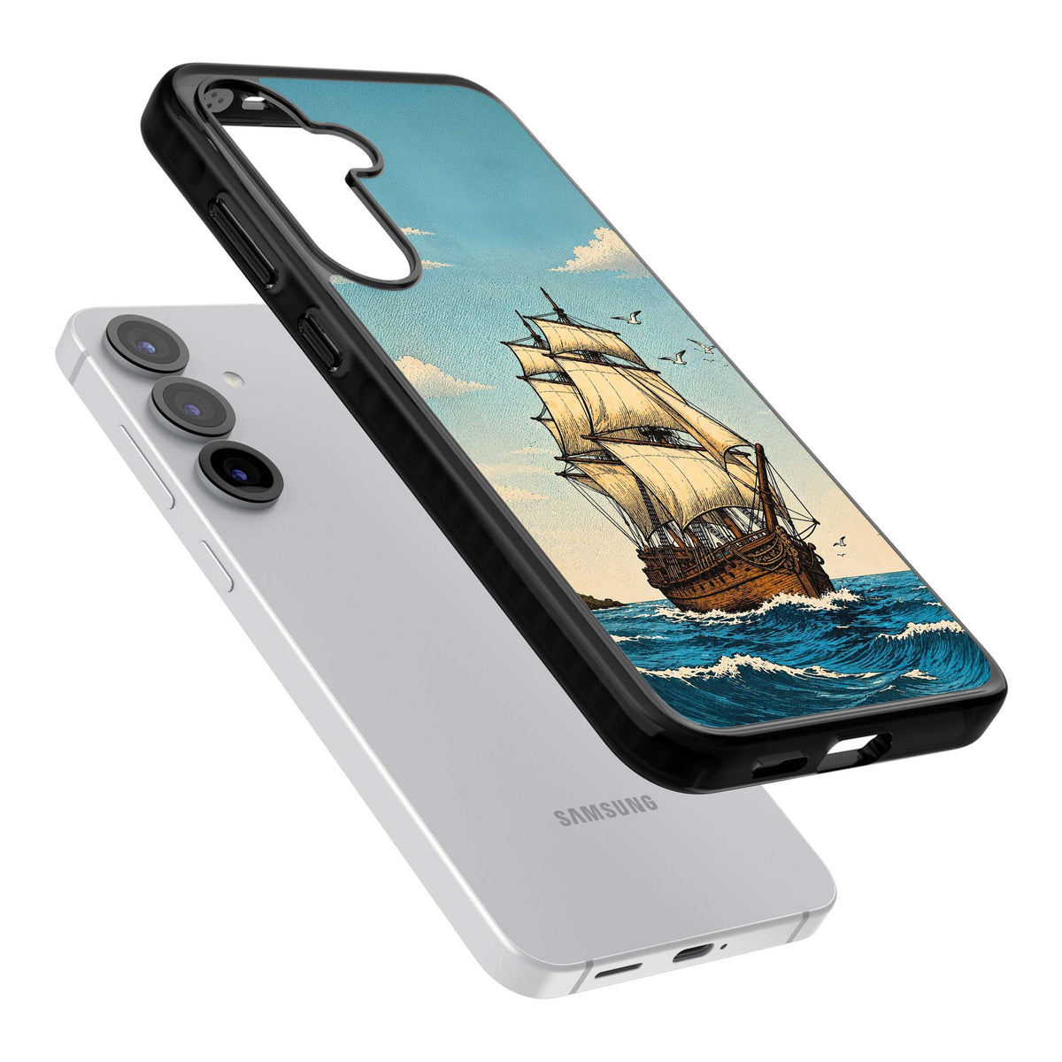 Ship at Sea nautical iPhone case featuring a vintage tall ship, ocean waves and seagulls | Black Impact case for Samsung Galaxy S25, Samsung Galaxy S25 Plus