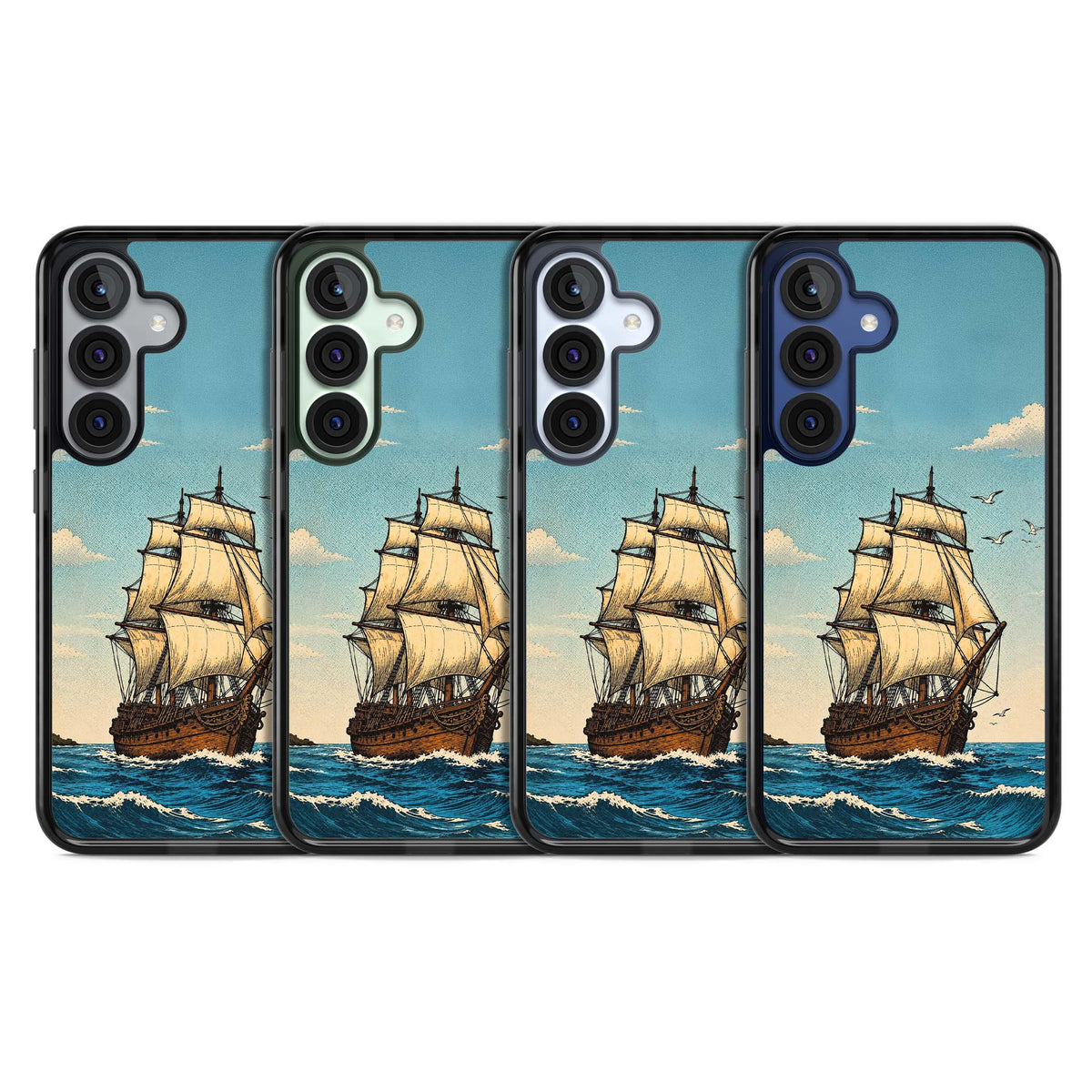 Ship at Sea nautical iPhone case featuring a vintage tall ship, ocean waves and seagulls | Black Impact case for Samsung Galaxy S25, Samsung Galaxy S25 Plus