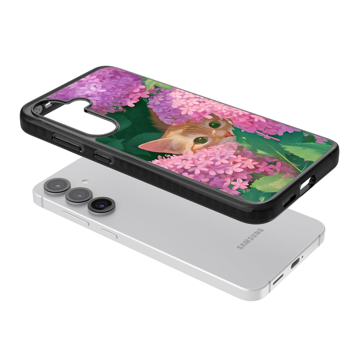Cat In Pink Flowers Samsung S25 / Samsung S25 Plus / Samsung S26 / Samsung S26 Plus Impact Black Phone Case angled