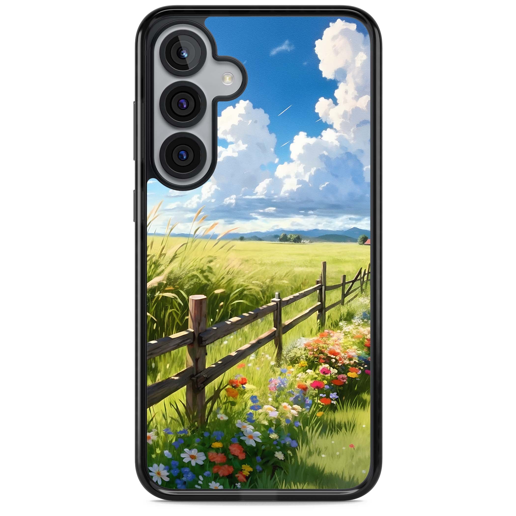 A Countryside Afternoon cottagecore iPhone case featuring a painted countryside meadow, wooden fence, and wildflowers beneath | Black Impact case for Samsung Galaxy S25, Samsung Galaxy S25 Plus