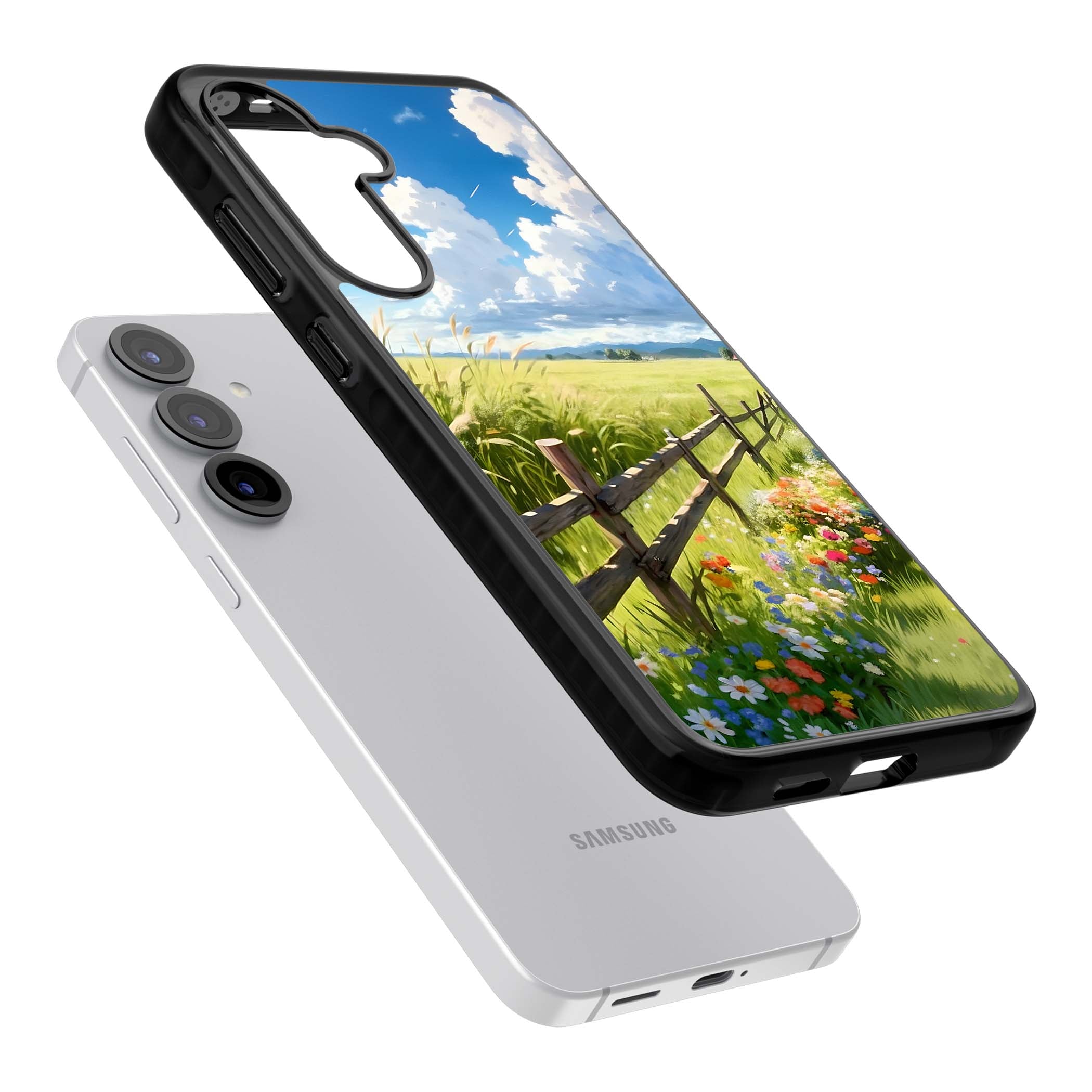 A Countryside Afternoon cottagecore iPhone case featuring a painted countryside meadow, wooden fence, and wildflowers beneath | Black Impact case for Samsung Galaxy S25, Samsung Galaxy S25 Plus