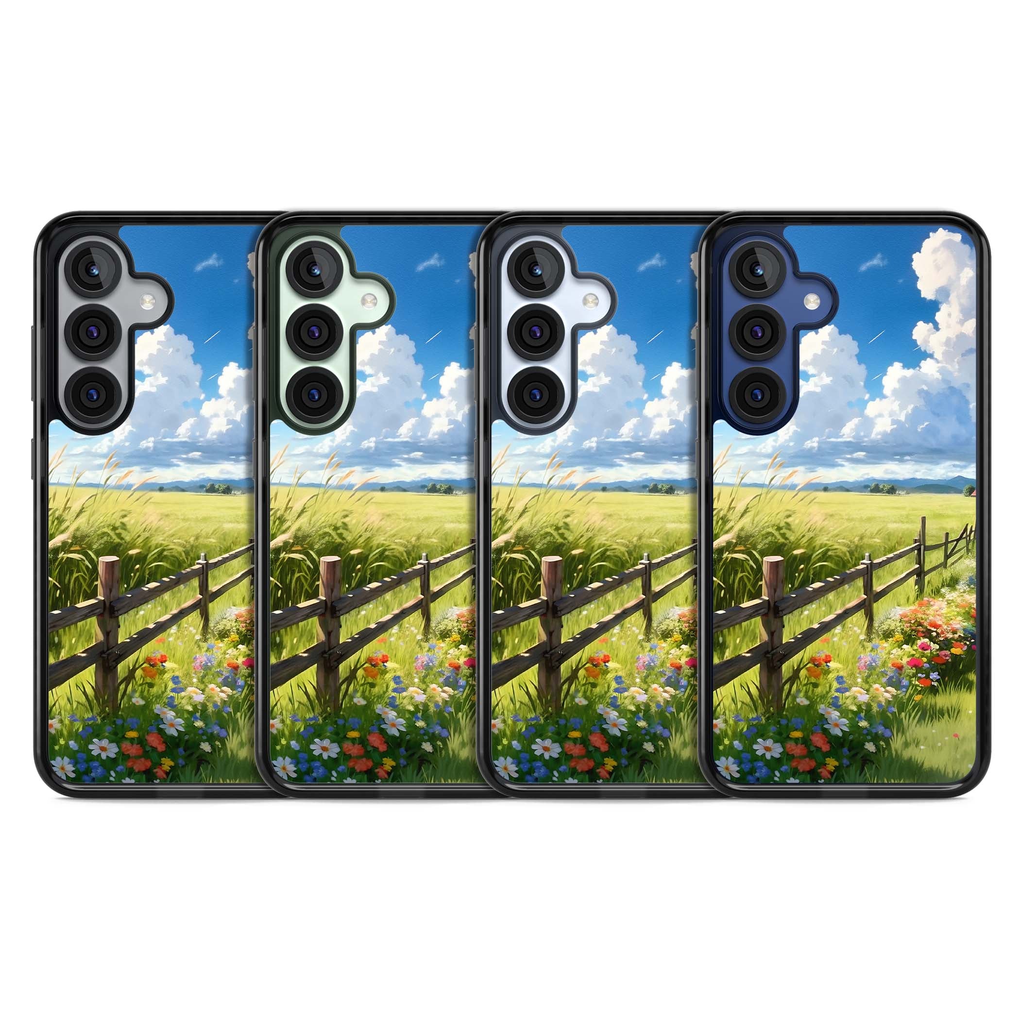 A Countryside Afternoon cottagecore iPhone case featuring a painted countryside meadow, wooden fence, and wildflowers beneath | Black Impact case for Samsung Galaxy S25, Samsung Galaxy S25 Plus