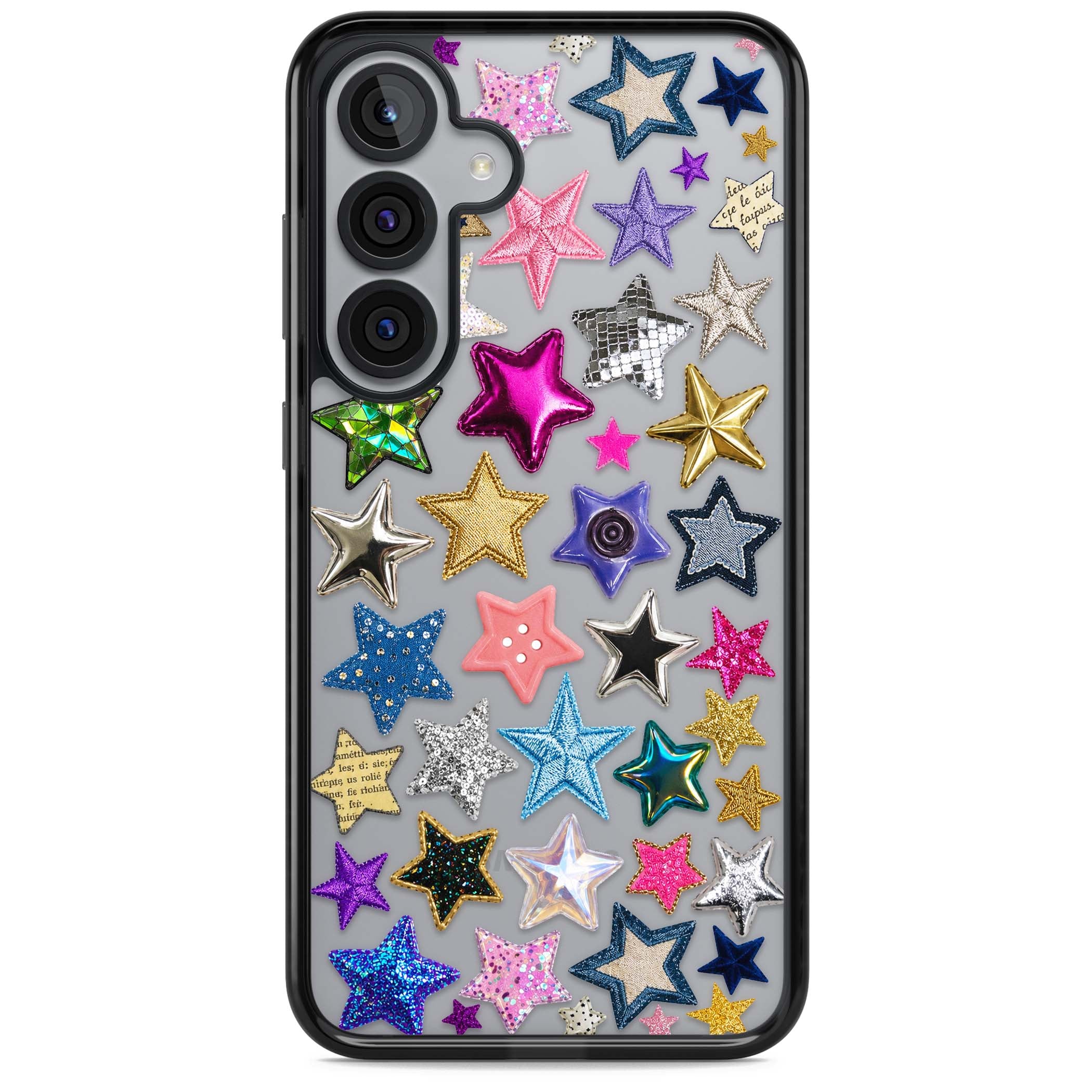 Crafty Star Mix Y2K iPhone case featuring embroidered, sequinned and glitter star patches in rainbow colours | Black Impact case for Samsung Galaxy S25, Samsung Galaxy S25 Plus