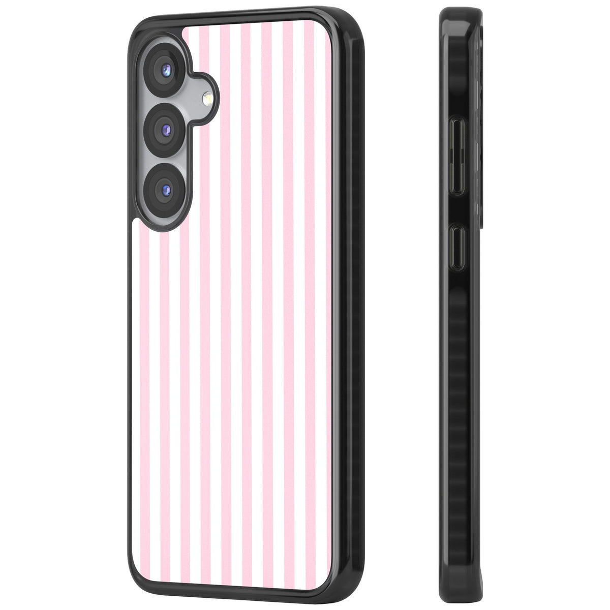 Pink Stripe preppy iPhone case featuring soft pastel pink and white vertical candy stripes Samsung S25 / Samsung S25 Plus / Samsung S26 / Samsung S26 Plus Impact Black Phone Case side