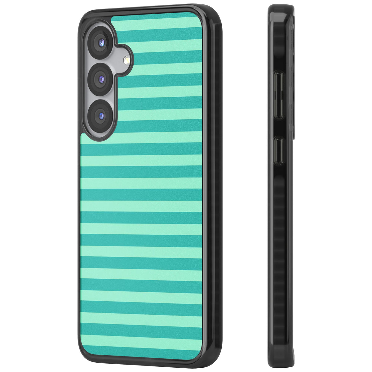 Turquoise Stripe preppy iPhone case featuring horizontal teal and mint green stripes on a black protective frame Samsung S25 / Samsung S25 Plus / Samsung S26 / Samsung S26 Plus Impact Black Phone Case side