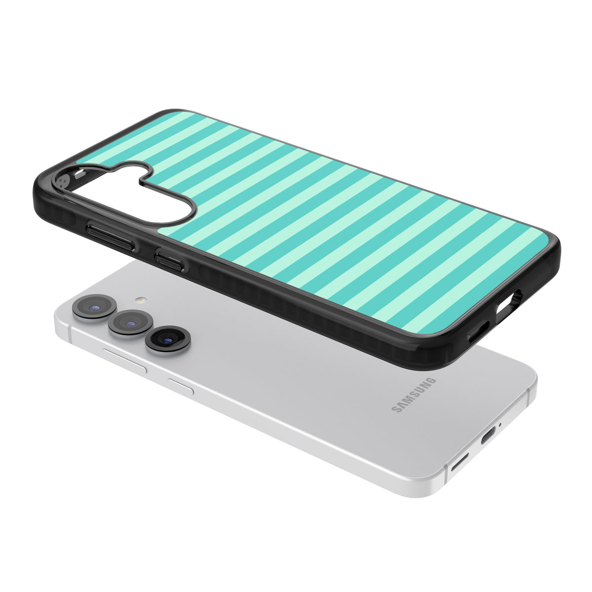 Turquoise Stripe preppy iPhone case featuring horizontal teal and mint green stripes on a black protective frame Samsung S25 / Samsung S25 Plus / Samsung S26 / Samsung S26 Plus Impact Black Phone Case angled