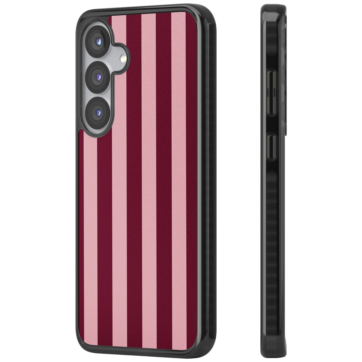 Bordeaux Belle preppy iPhone case featuring bold vertical stripes in burgundy and soft blush pink Samsung S25 / Samsung S25 Plus / Samsung S26 / Samsung S26 Plus Impact Black Phone Case side