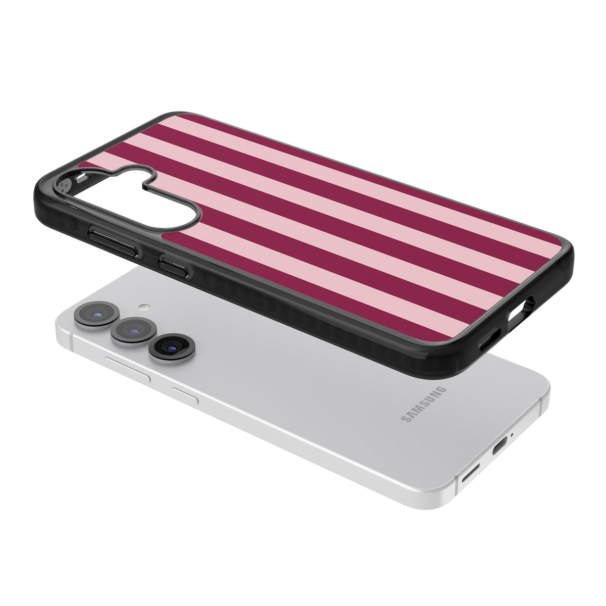 Bordeaux Belle preppy iPhone case featuring bold vertical stripes in burgundy and soft blush pink Samsung S25 / Samsung S25 Plus / Samsung S26 / Samsung S26 Plus Impact Black Phone Case angled