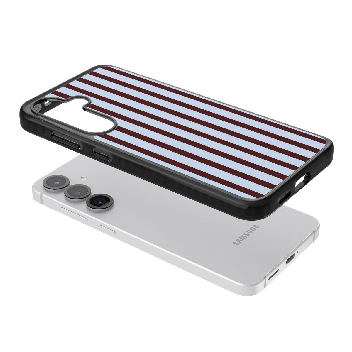 Blackcurrant Stripe preppy iPhone case featuring vertical burgundy and light blue stripes in a classic pinstripe layout Samsung S25 / Samsung S25 Plus / Samsung S26 / Samsung S26 Plus Impact Black Phone Case angled