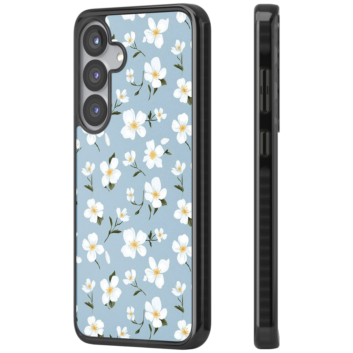 Powder Blue Petals Samsung S25 / Samsung S25 Plus / Samsung S26 / Samsung S26 Plus Impact Black Phone Case side