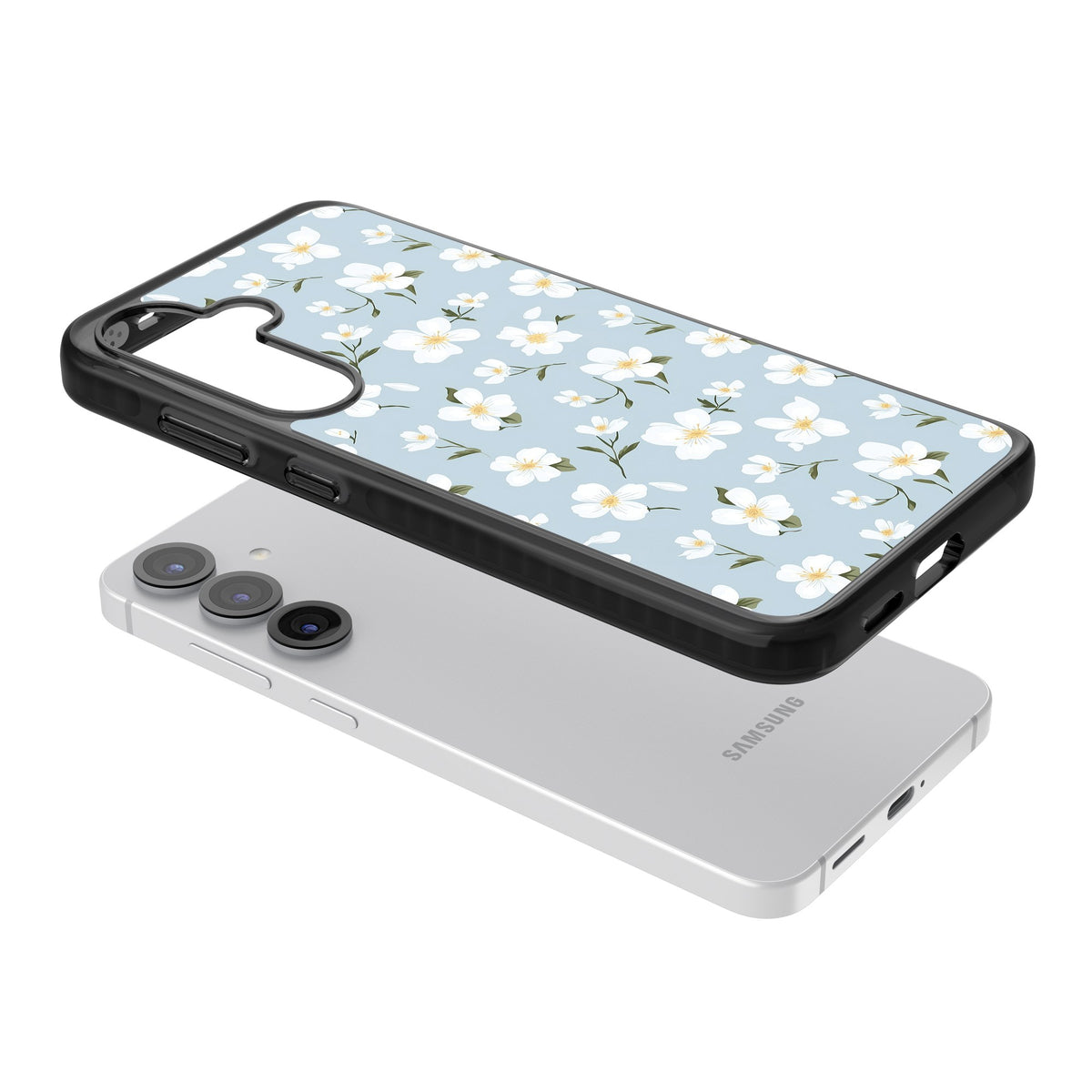 Powder Blue Petals Samsung S25 / Samsung S25 Plus / Samsung S26 / Samsung S26 Plus Impact Black Phone Case angled