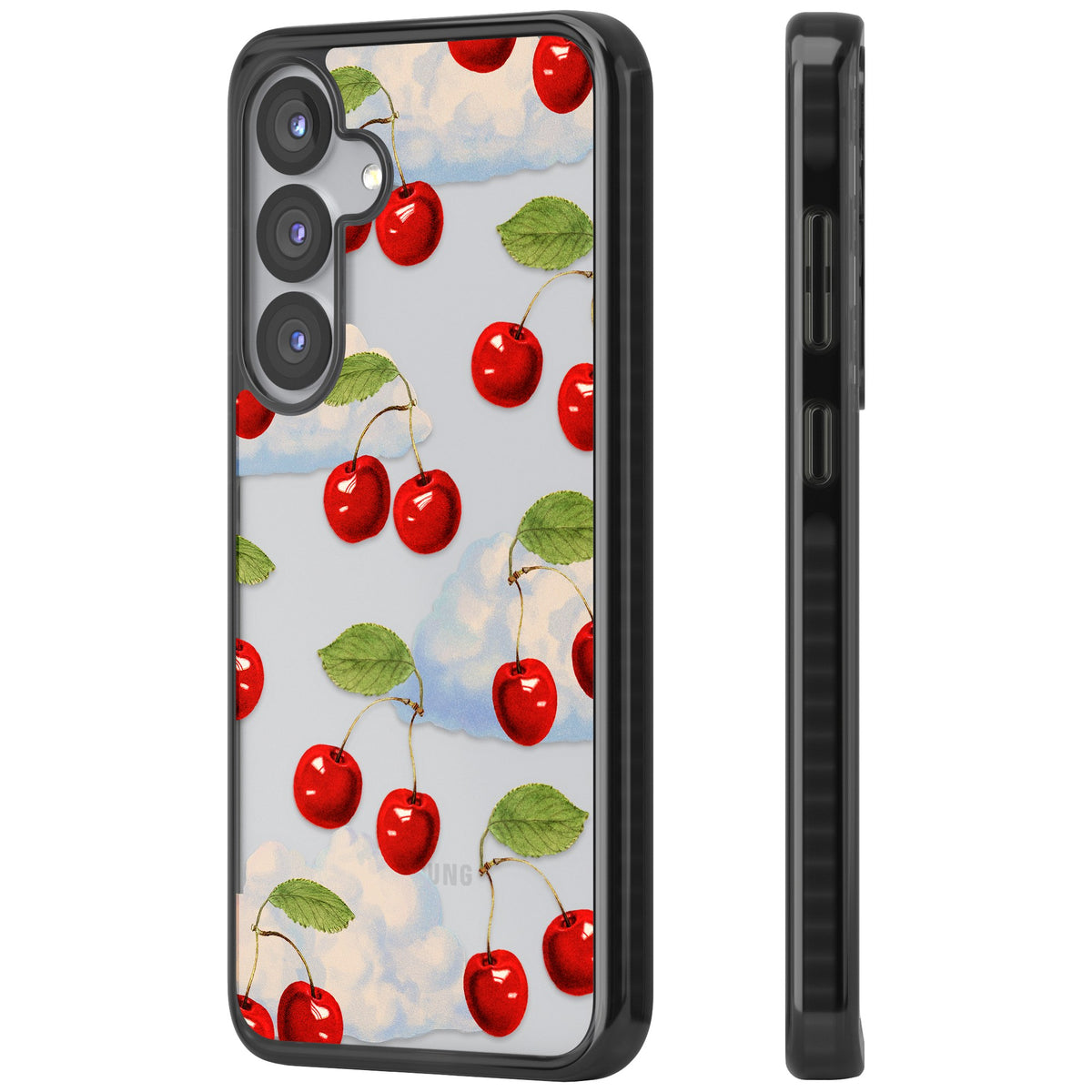Vintage Cherries & Clouds Samsung S25 / Samsung S25 Plus / Samsung S26 / Samsung S26 Plus Impact Black Phone Case side