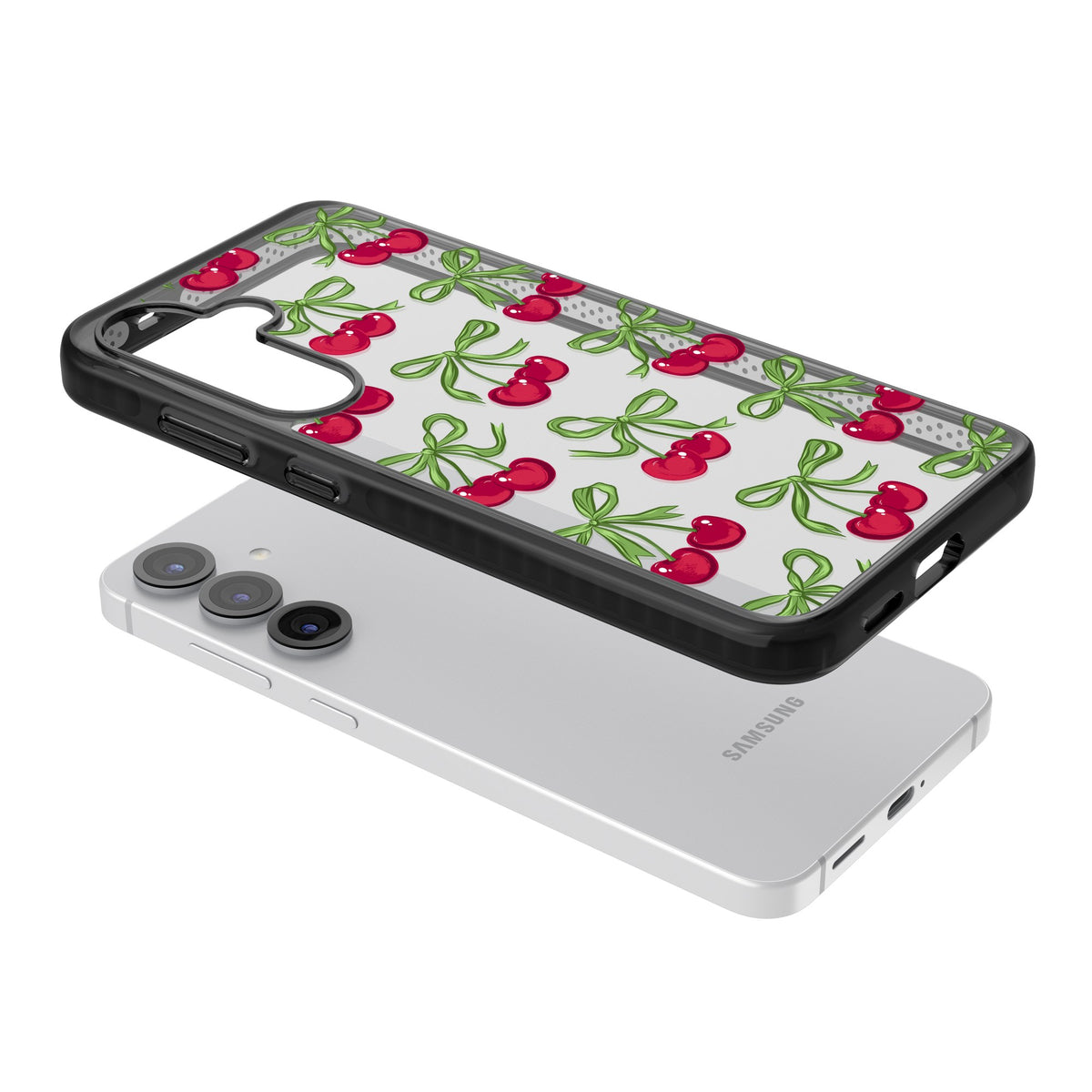 Cherry Bows Samsung S25 / Samsung S25 Plus / Samsung S26 / Samsung S26 Plus Impact Black Phone Case angled