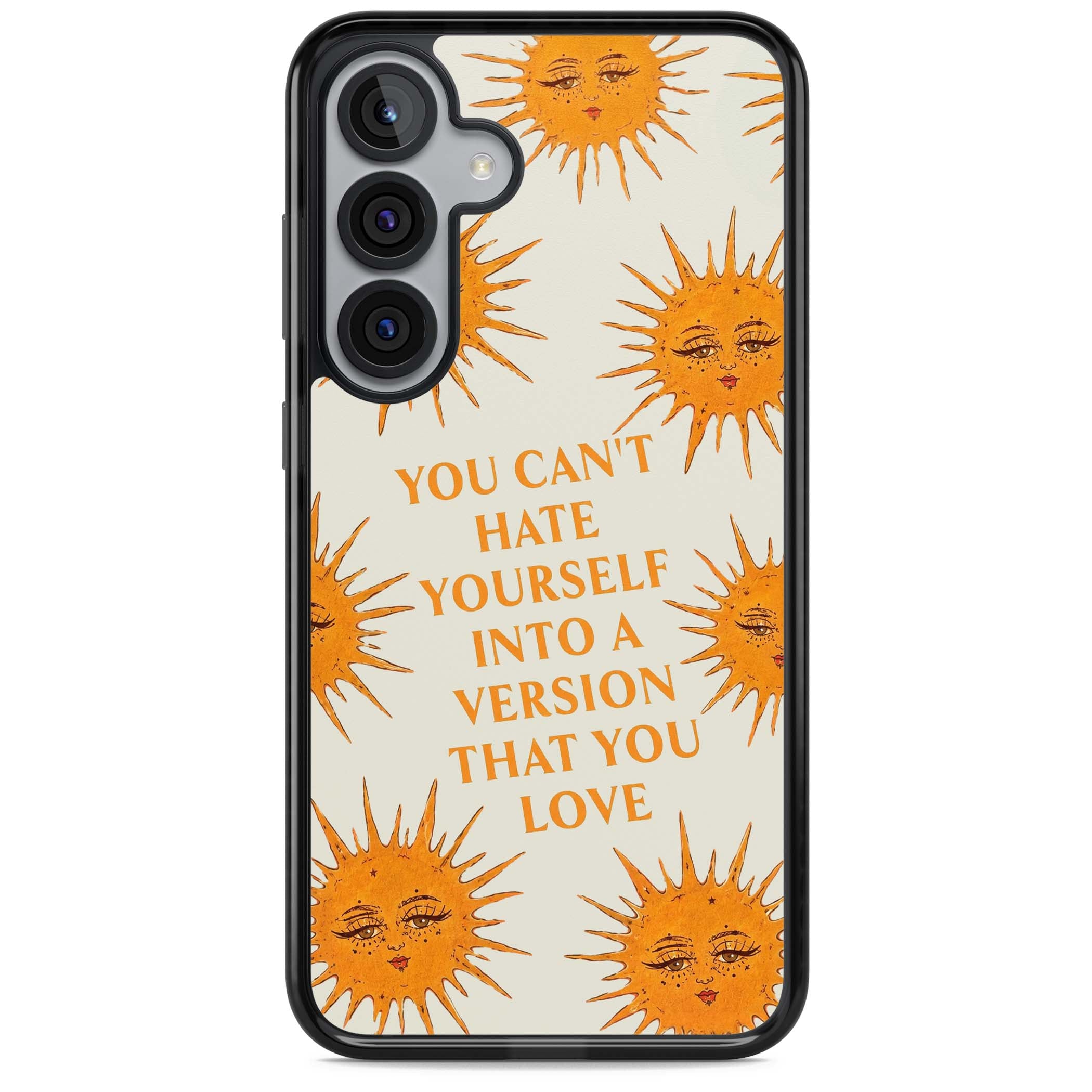 Don't Hate Yourself celestial iPhone case featuring vintage sun faces, ochre rays and a self-love quote | Black Impact case for Samsung Galaxy S25, Samsung Galaxy S25 Plus