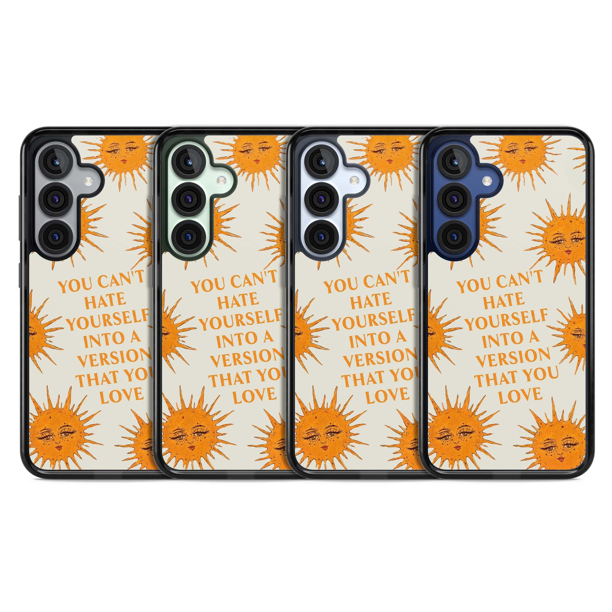 Don't Hate Yourself celestial iPhone case featuring vintage sun faces, ochre rays and a self-love quote | Black Impact case for Samsung Galaxy S25, Samsung Galaxy S25 Plus