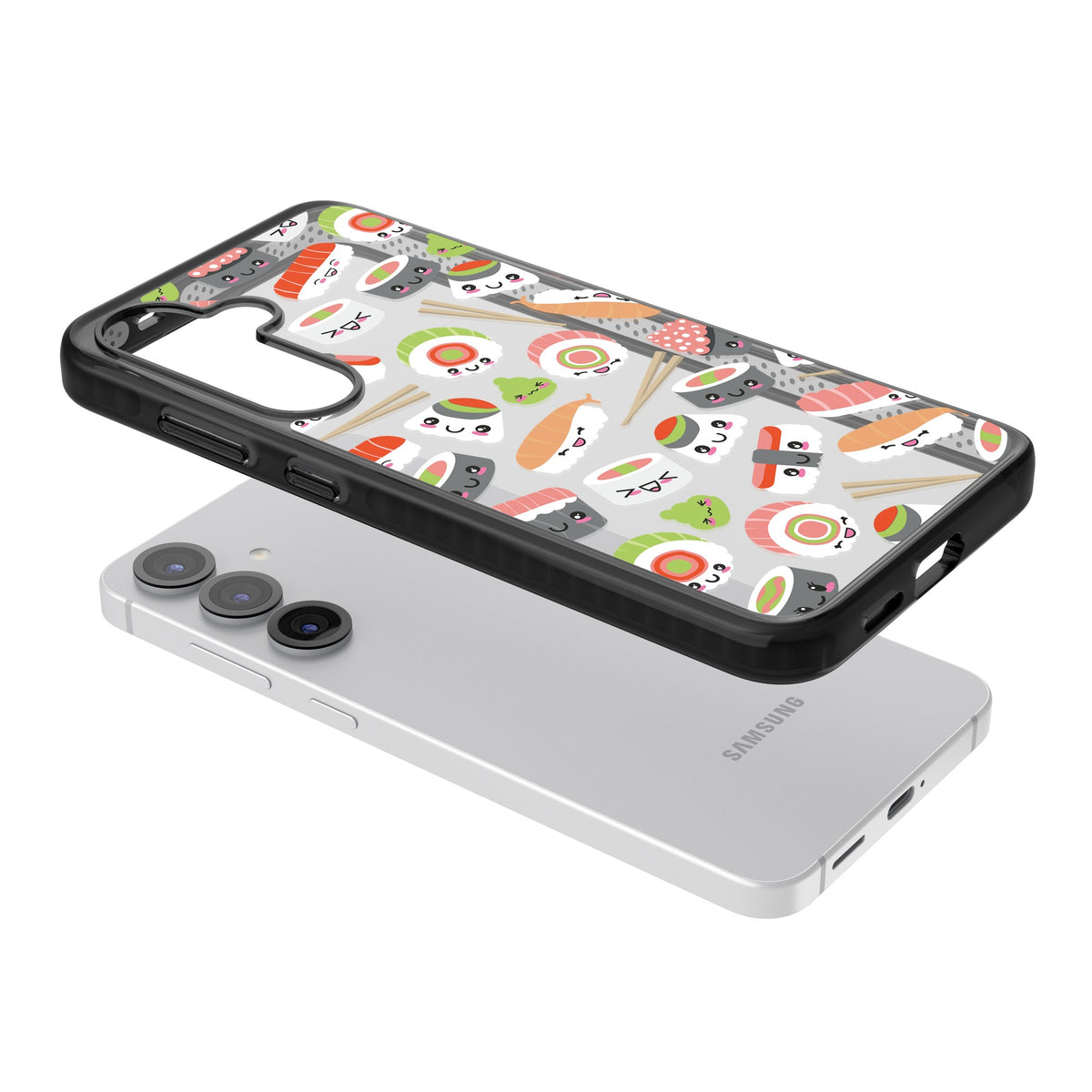 Kawaii Sushi Party Samsung S25 / Samsung S25 Plus / Samsung S26 / Samsung S26 Plus Impact Black Phone Case angled