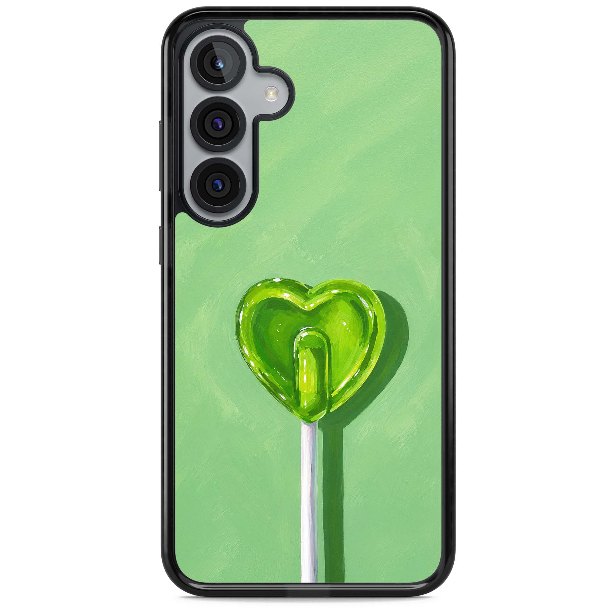 Green Lollipop candy art iPhone case featuring a glossy green heart-shaped lollipop on a painted pastel green background | Black Impact case for Samsung Galaxy S25, Samsung Galaxy S25 Plus