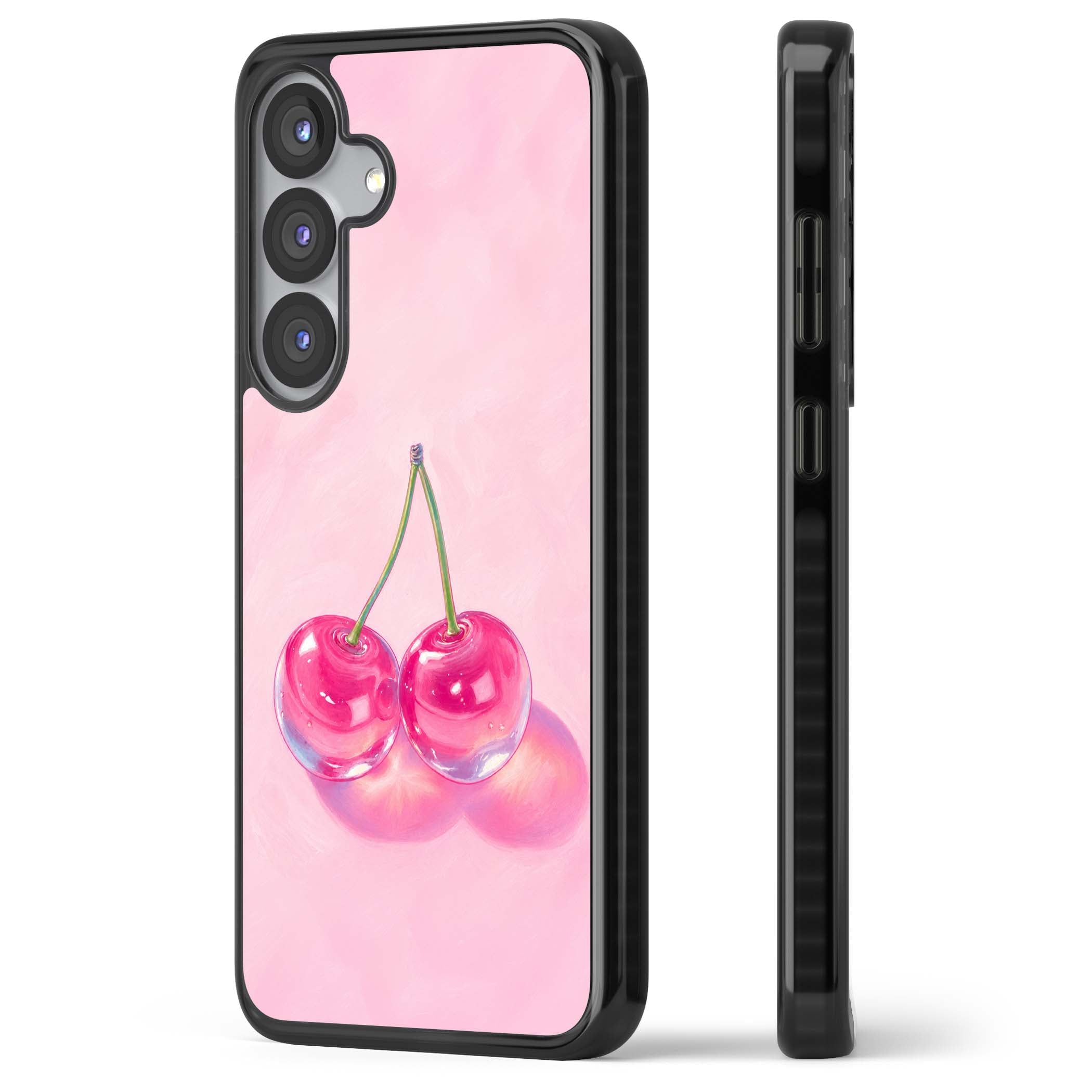 Pink Glass Cherry coquette iPhone case featuring two glossy painted cherries on a soft pink background | Black Impact case for Samsung Galaxy S25, Samsung Galaxy S25 Plus