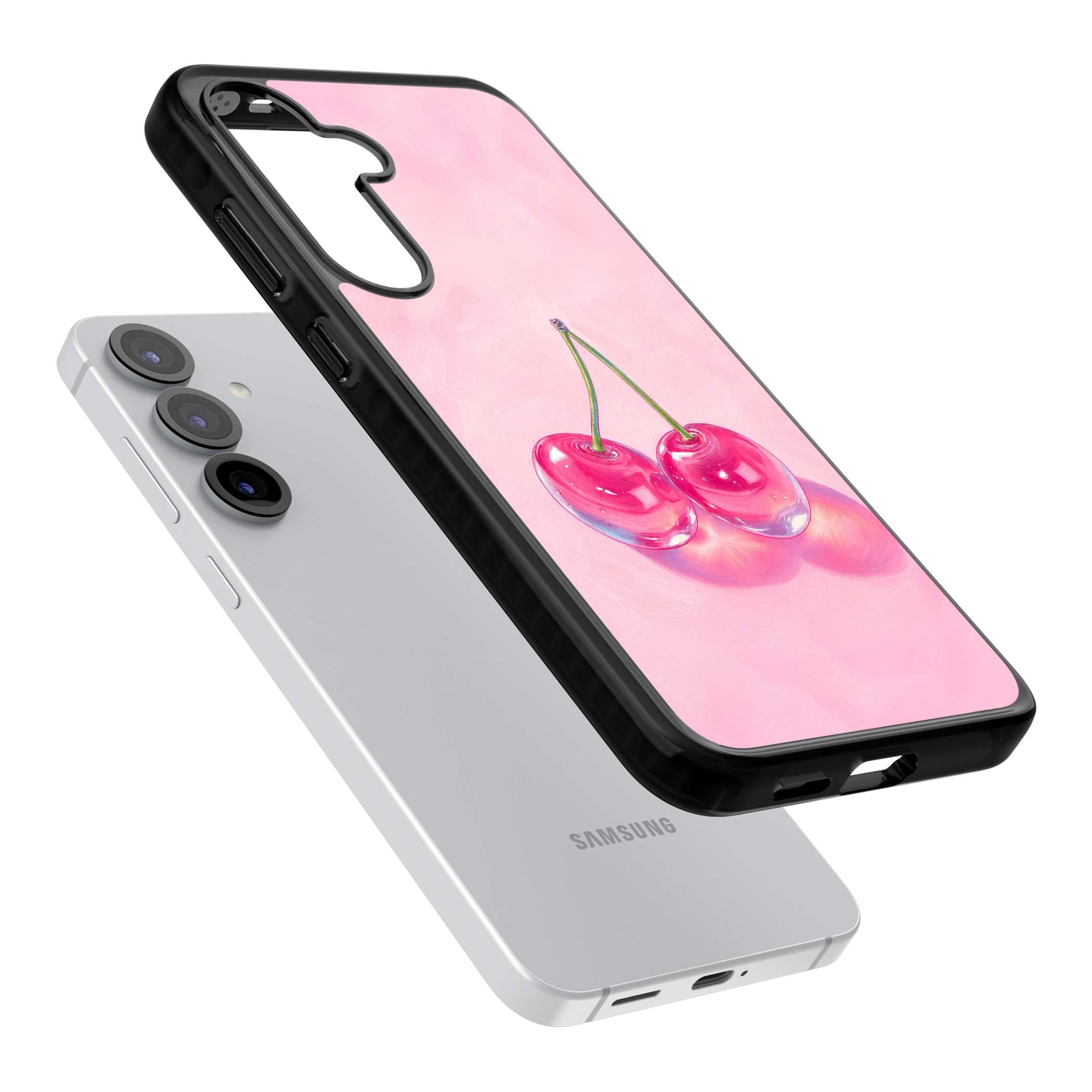 Pink Glass Cherry coquette iPhone case featuring two glossy painted cherries on a soft pink background | Black Impact case for Samsung Galaxy S25, Samsung Galaxy S25 Plus