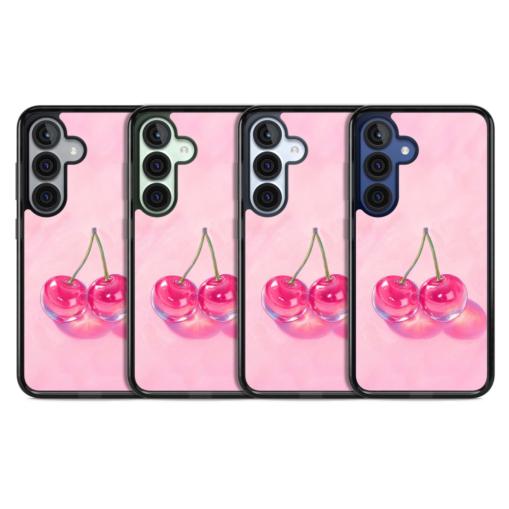 Pink Glass Cherry coquette iPhone case featuring two glossy painted cherries on a soft pink background | Black Impact case for Samsung Galaxy S25, Samsung Galaxy S25 Plus