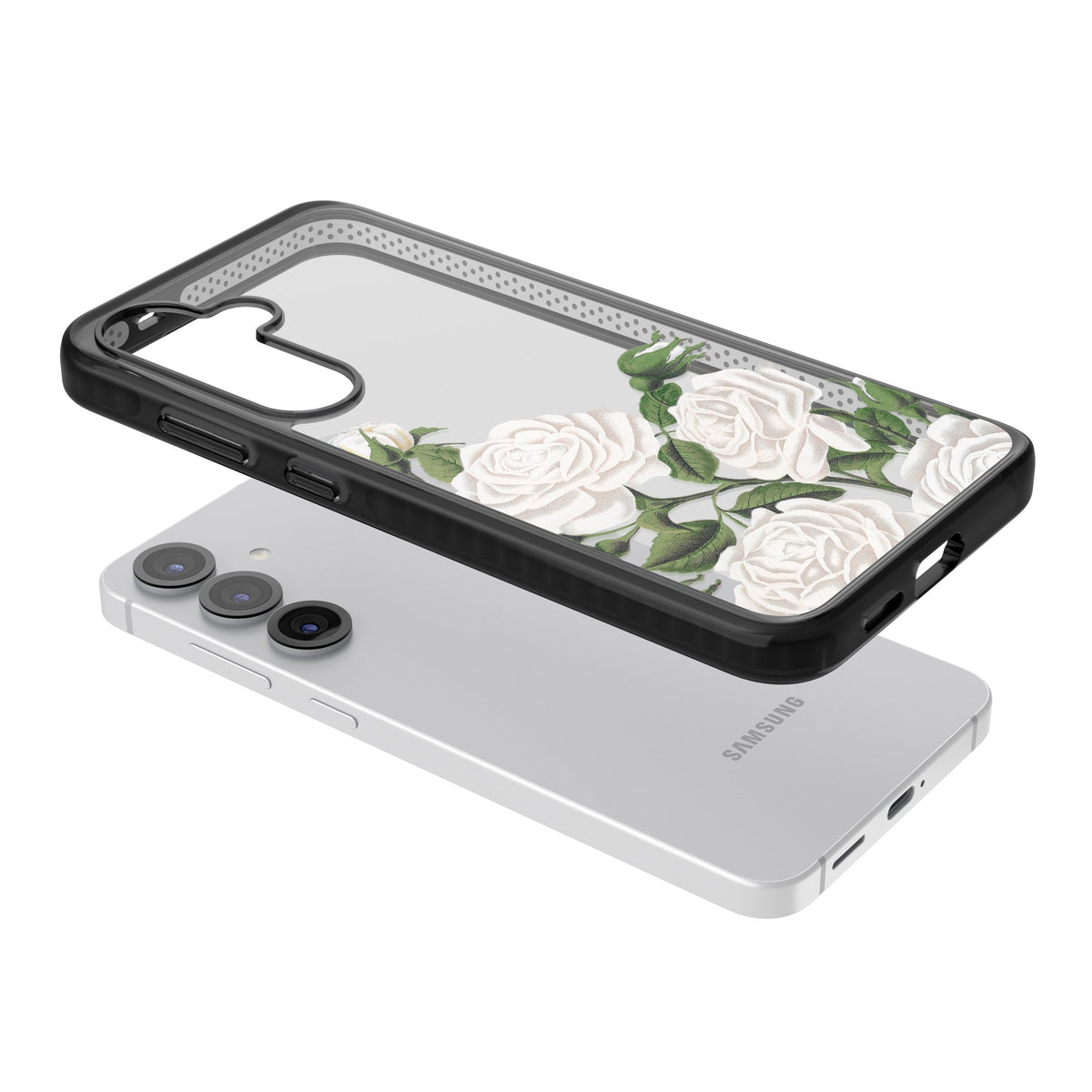 White Vintage Painted Flowers Samsung S25 / Samsung S25 Plus / Samsung S26 / Samsung S26 Plus Impact Black Phone Case angled