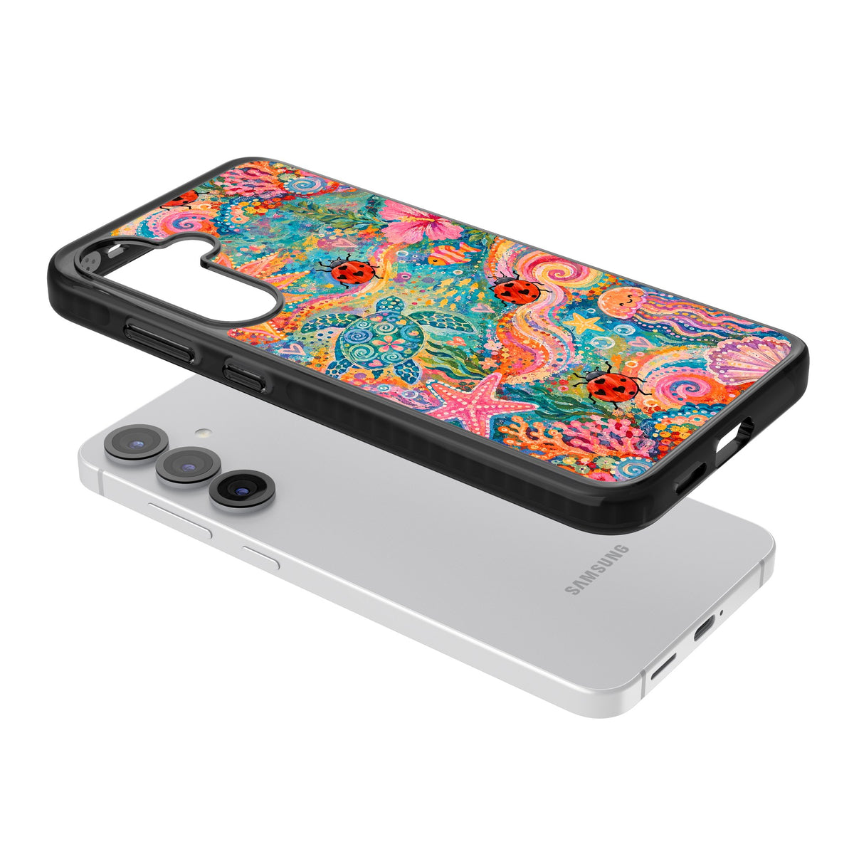 Coral Whimsy Samsung S25 / Samsung S25 Plus / Samsung S26 / Samsung S26 Plus Impact Black Phone Case angled