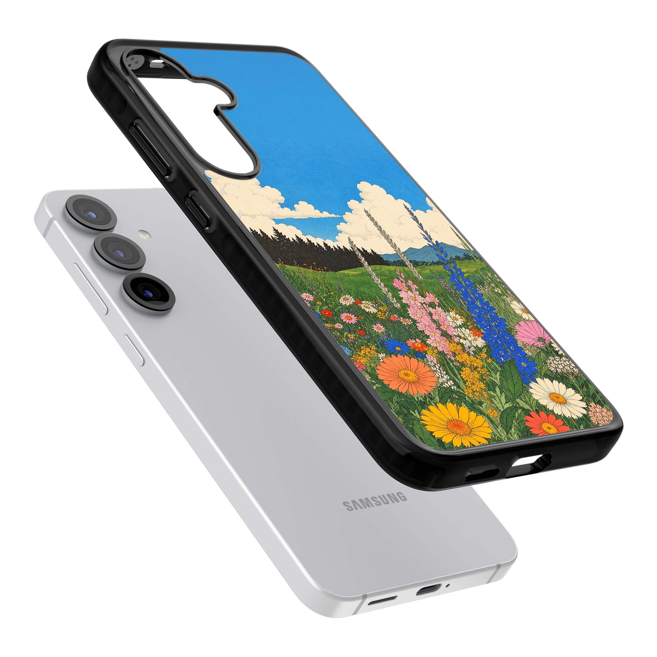 Wildbloom wildflower iPhone case featuring a vintage Japanese-style meadow landscape with daisies, delphiniums and moun | Black Impact case for Samsung Galaxy S25, Samsung Galaxy S25 Plus