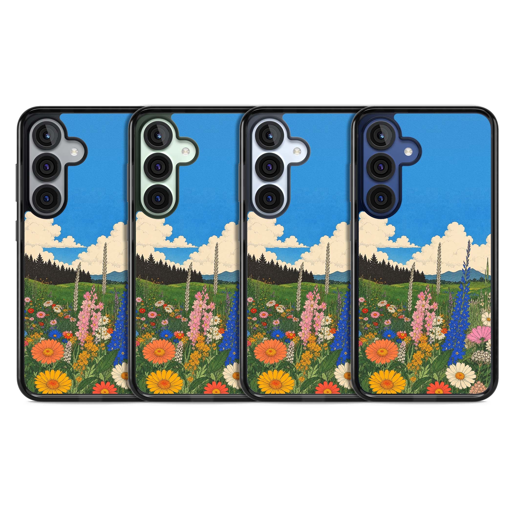 Wildbloom wildflower iPhone case featuring a vintage Japanese-style meadow landscape with daisies, delphiniums and moun | Black Impact case for Samsung Galaxy S25, Samsung Galaxy S25 Plus