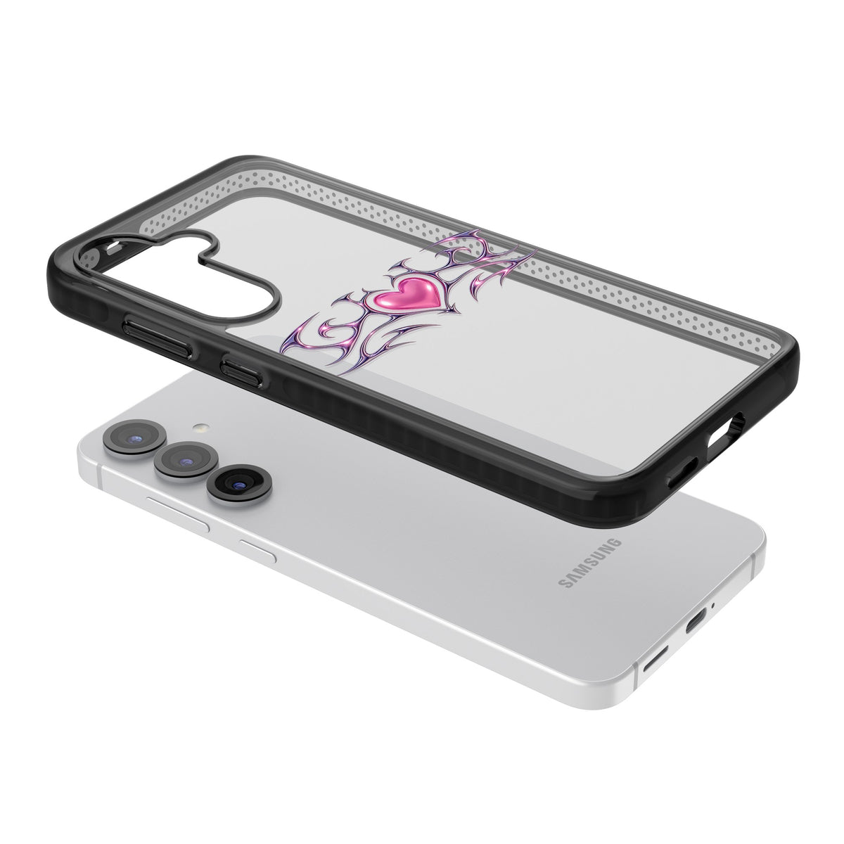 Pink Chrome Heart Samsung S25 / Samsung S25 Plus / Samsung S26 / Samsung S26 Plus Impact Black Phone Case angled