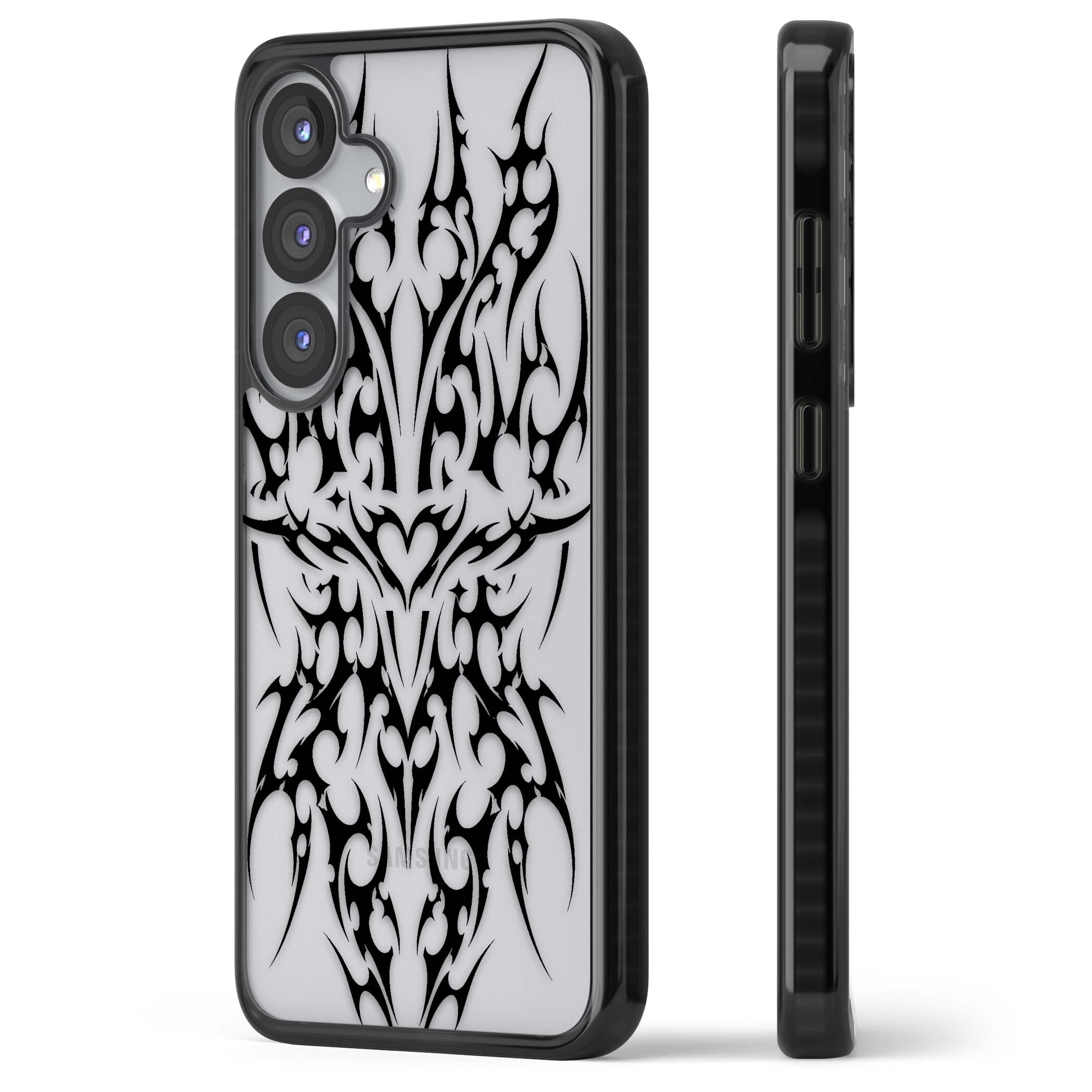 Neo Tribal Heart gothic iPhone case featuring symmetrical black tribal tattoo art with sharp thorn-like linework | Black Impact case for Samsung Galaxy S25, Samsung Galaxy S25 Plus