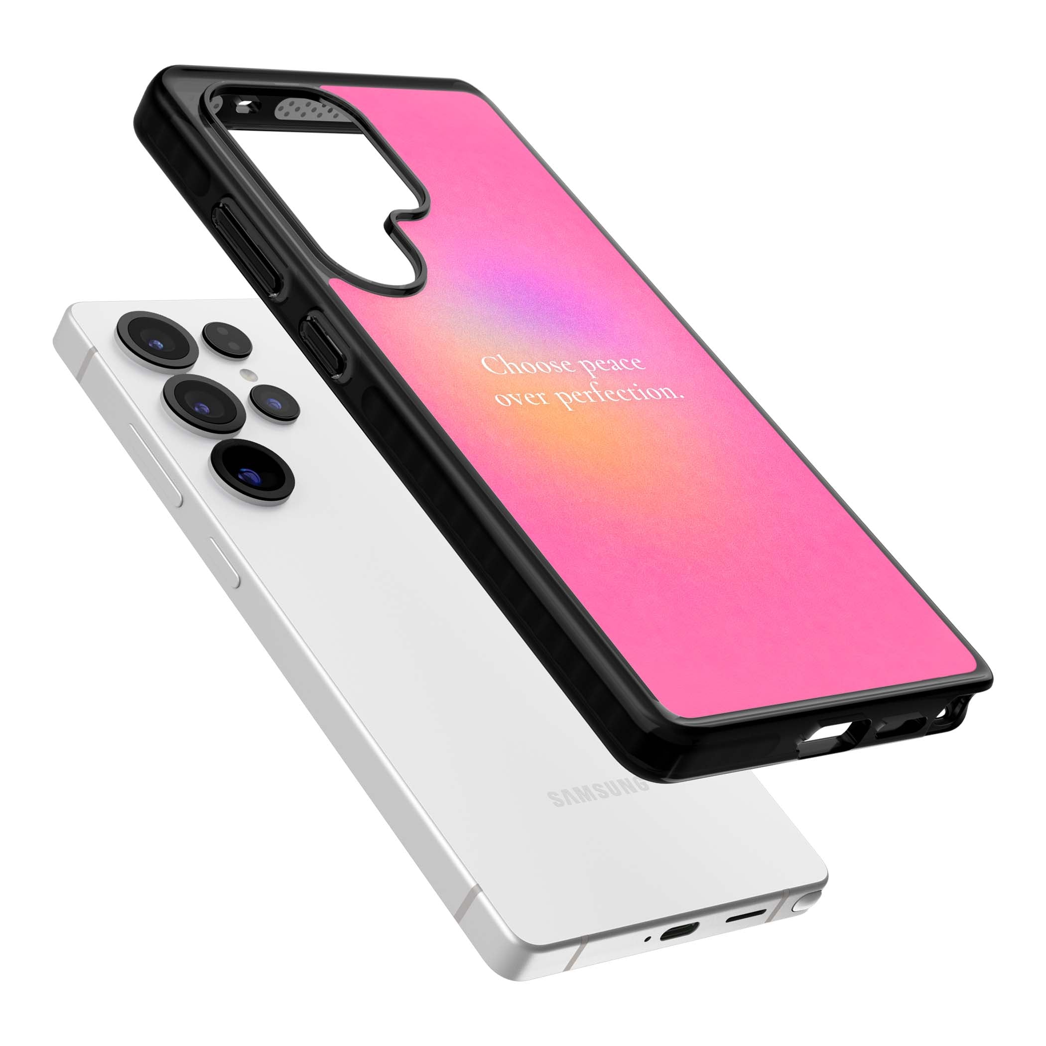 Peace Over Perfection quote iPhone case featuring a dreamy pink aura gradient and delicate white affirmation text | Black Impact case for Samsung Galaxy S25 Ultra